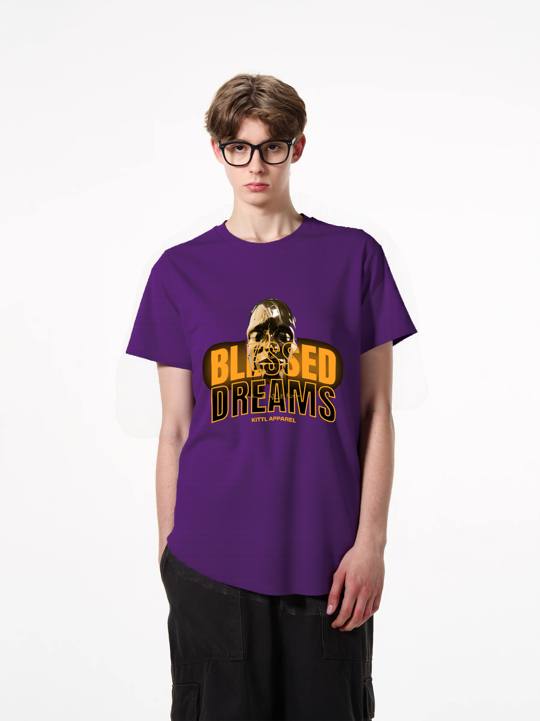 1pcs Trendy T Shirt with "Blessed Dreams" print, featuring metallic face graphic, various colors available, made from 180g pure cotton material, perfect for those seeking a unique and stylish look. Casual Short Sleeve T-Shirts in Soft
