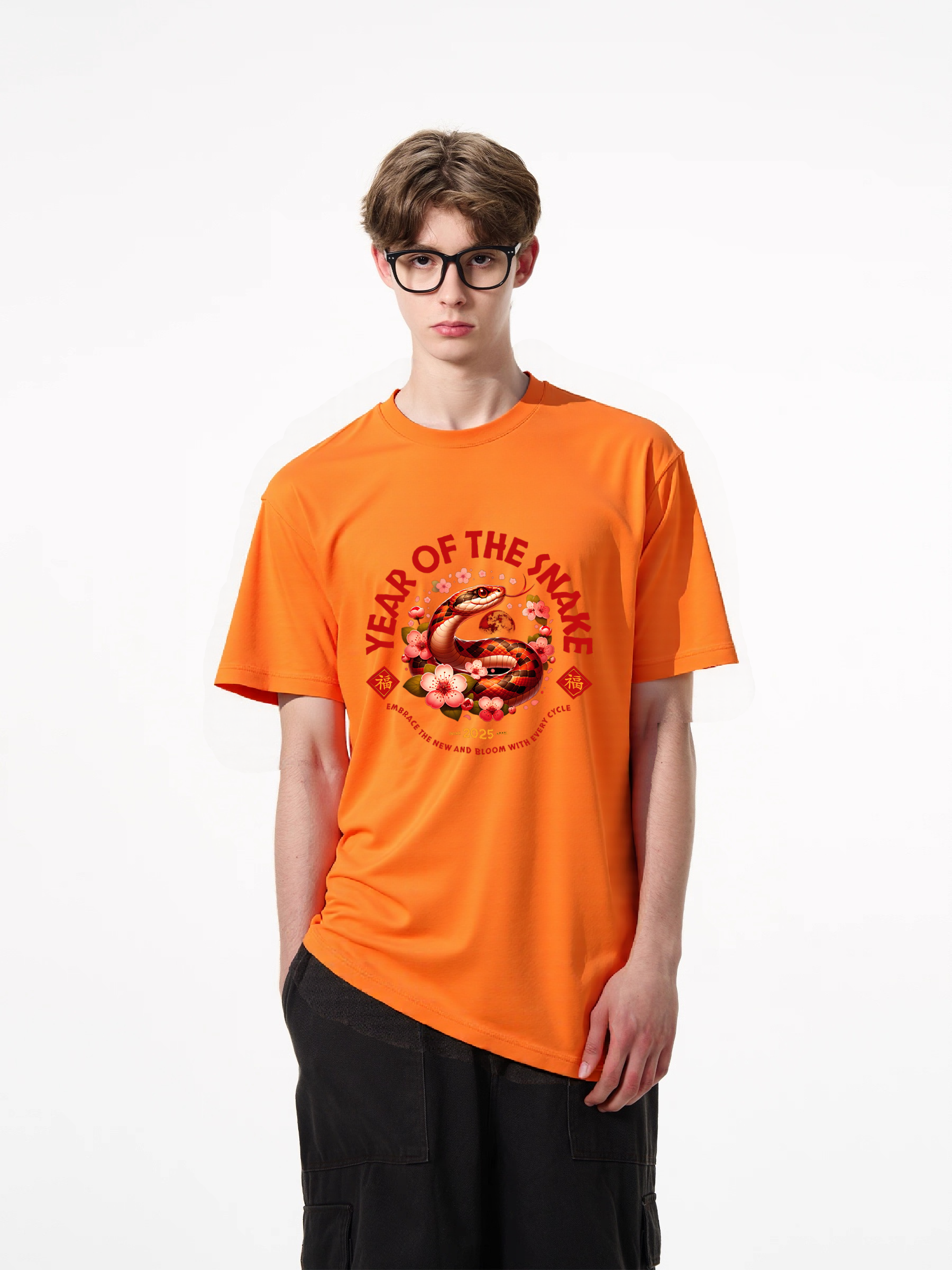 1pcs Year of the Snake T Shirt print with vibrant design in various colors, trendy 180g pure cotton tee features a bold snake artwork, cherry blossoms, and Chinese symbols for a unique statement piece. Go-To Casual Tees for Everyday
