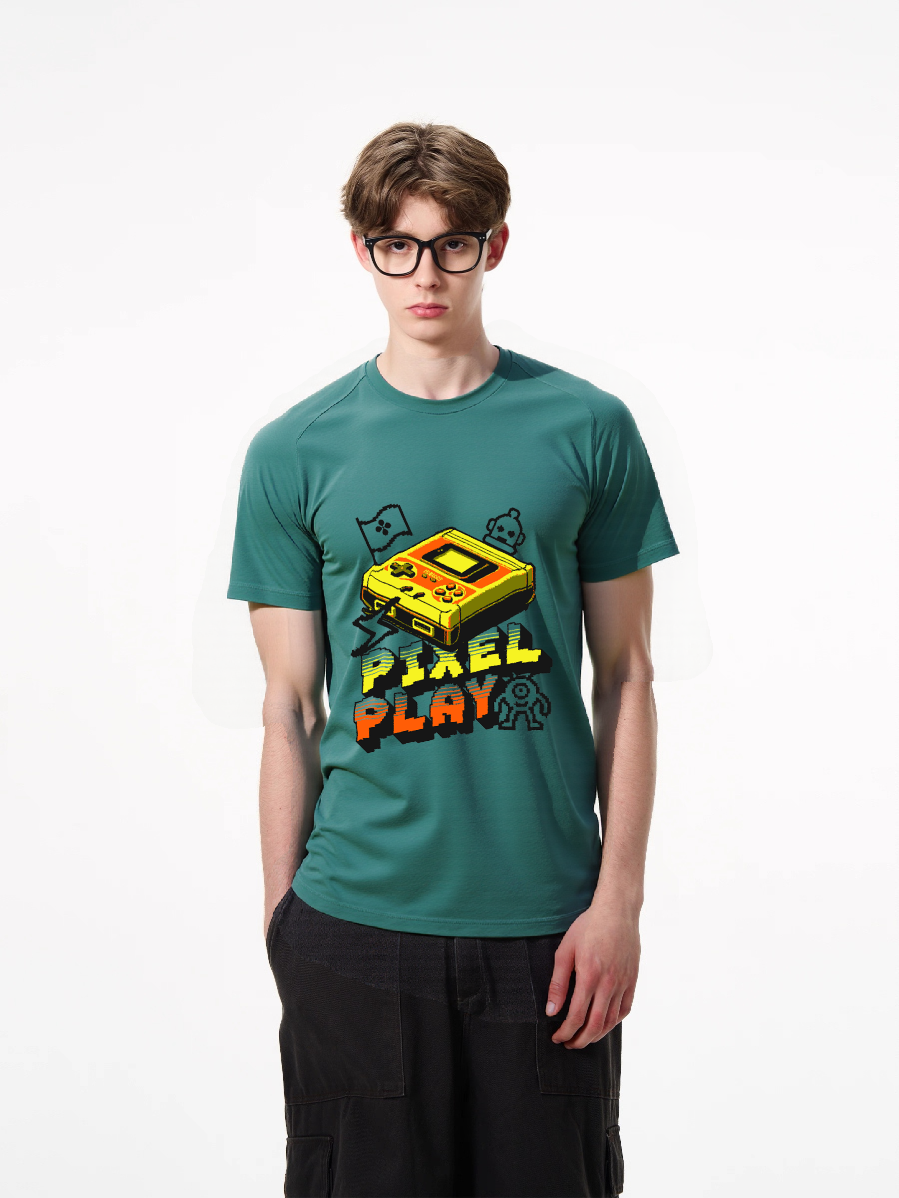 1pcs Retro Gamer T Shirt with Pixel Play print in various colors, trendy design featuring classic handheld game console, 180g pure cotton, comfortable and stylish for all occasions. Comfortable Casual Summer Tees Easy Care