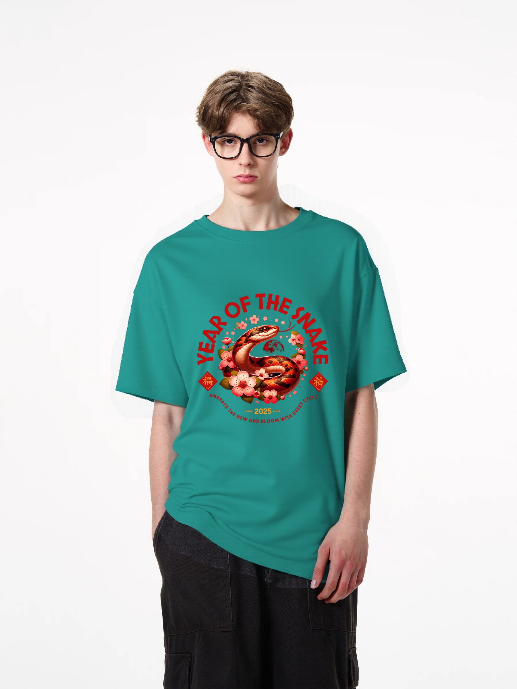 1pcs Year of the Snake T Shirt print with vibrant design in various colors, trendy 180g pure cotton tee features a bold snake artwork, cherry blossoms, and Chinese symbols for a unique statement piece. Go-To Casual Tees for Everyday