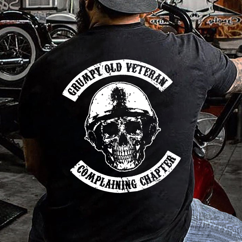 Grumpy Old Veteran Complaining Chapter Skull Print Motorcycle T-shirt