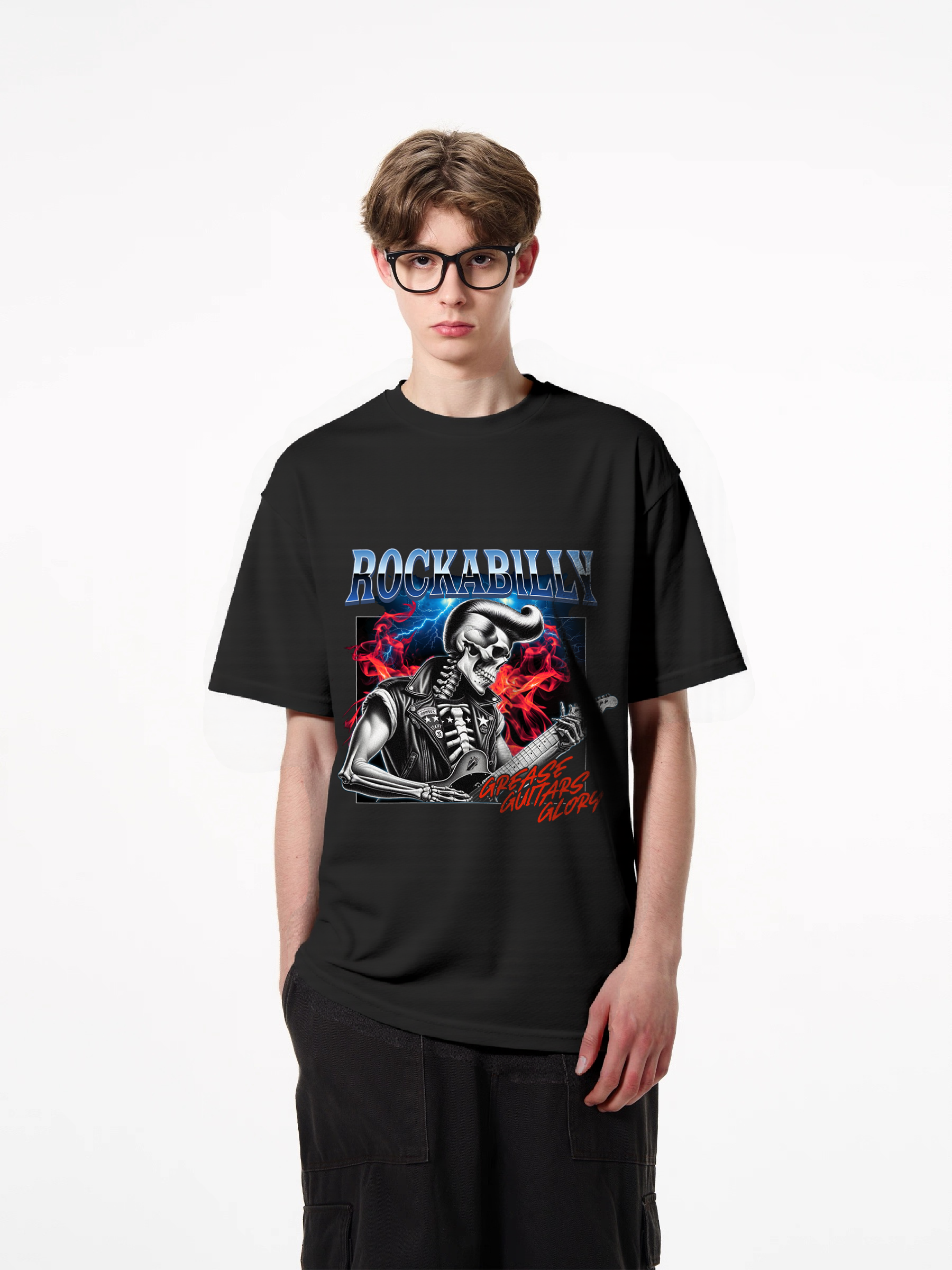 1pcs Rockabilly Skeleton Guitarist Print T Shirt Trendy Design Various Colors 180g Pure Cotton Graphic Top Fashion Statement Tee Heavenly' Designs: Essential T-Shirts for a Relaxed Summer Fresh Casual Summer Essentials