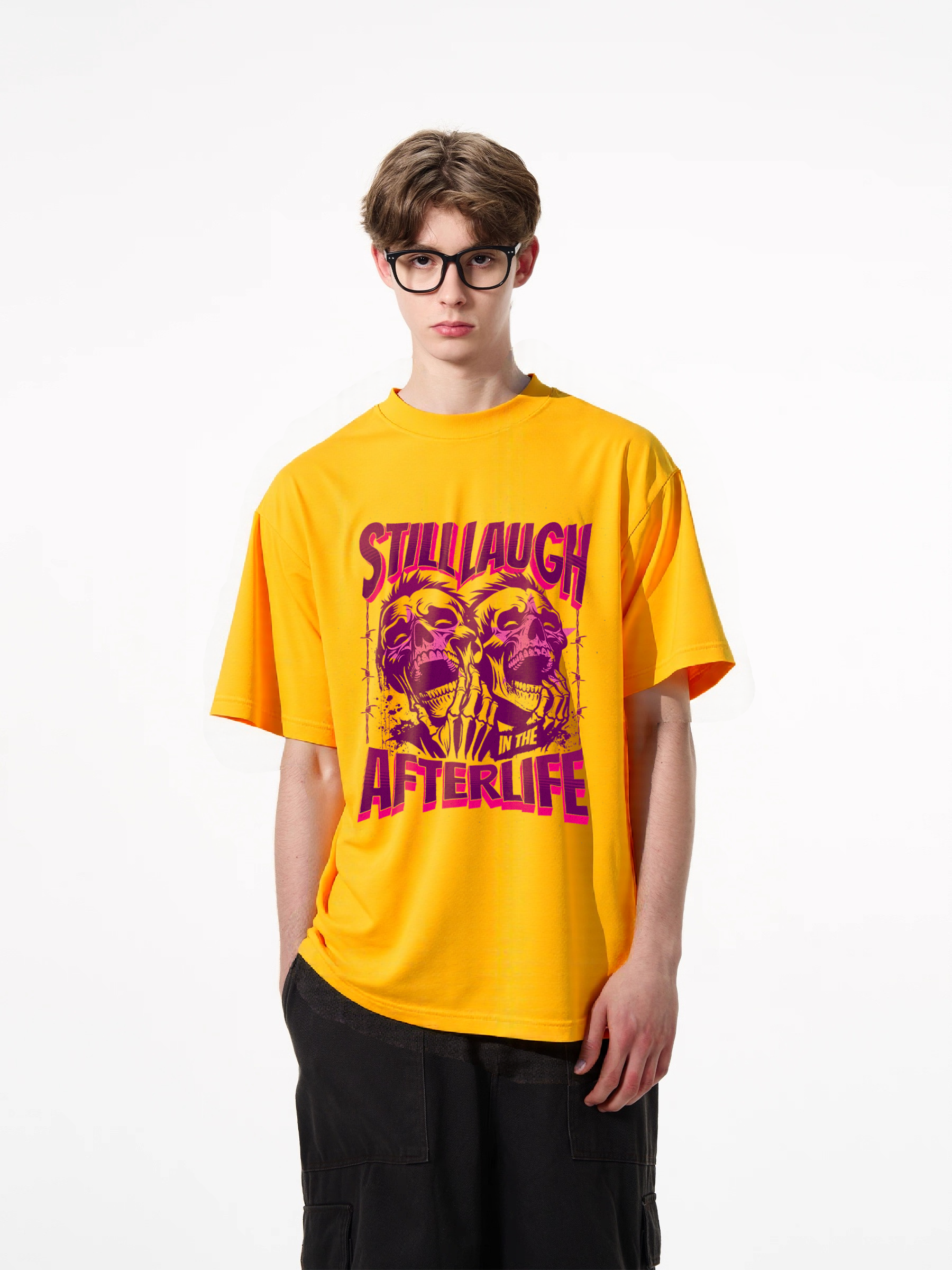 1pcs Trendy T-Shirt with Still Laugh Afterlife print, various colors available. 180g pure cotton shirt featuring skulls design for men women. Comfortable, durable, and stylish graphic tee. Casual Graphic Tees for Weekend Wear