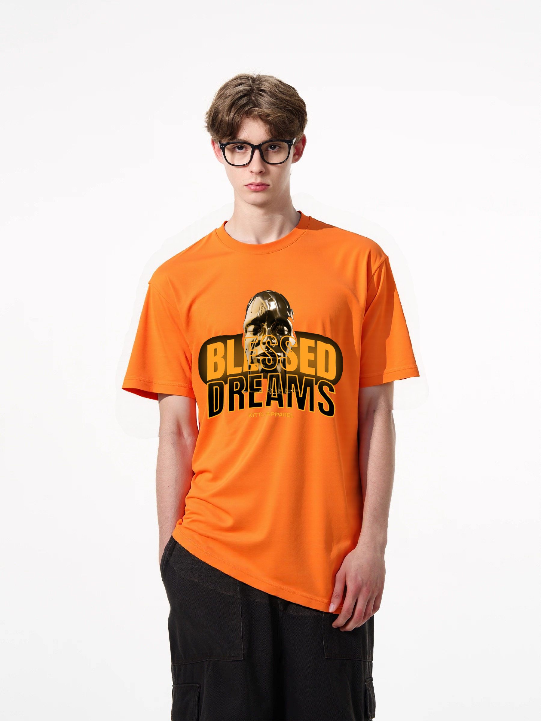 1pcs Trendy T Shirt with "Blessed Dreams" print, featuring metallic face graphic, various colors available, made from 180g pure cotton material, perfect for those seeking a unique and stylish look. Casual Short Sleeve T-Shirts in Soft