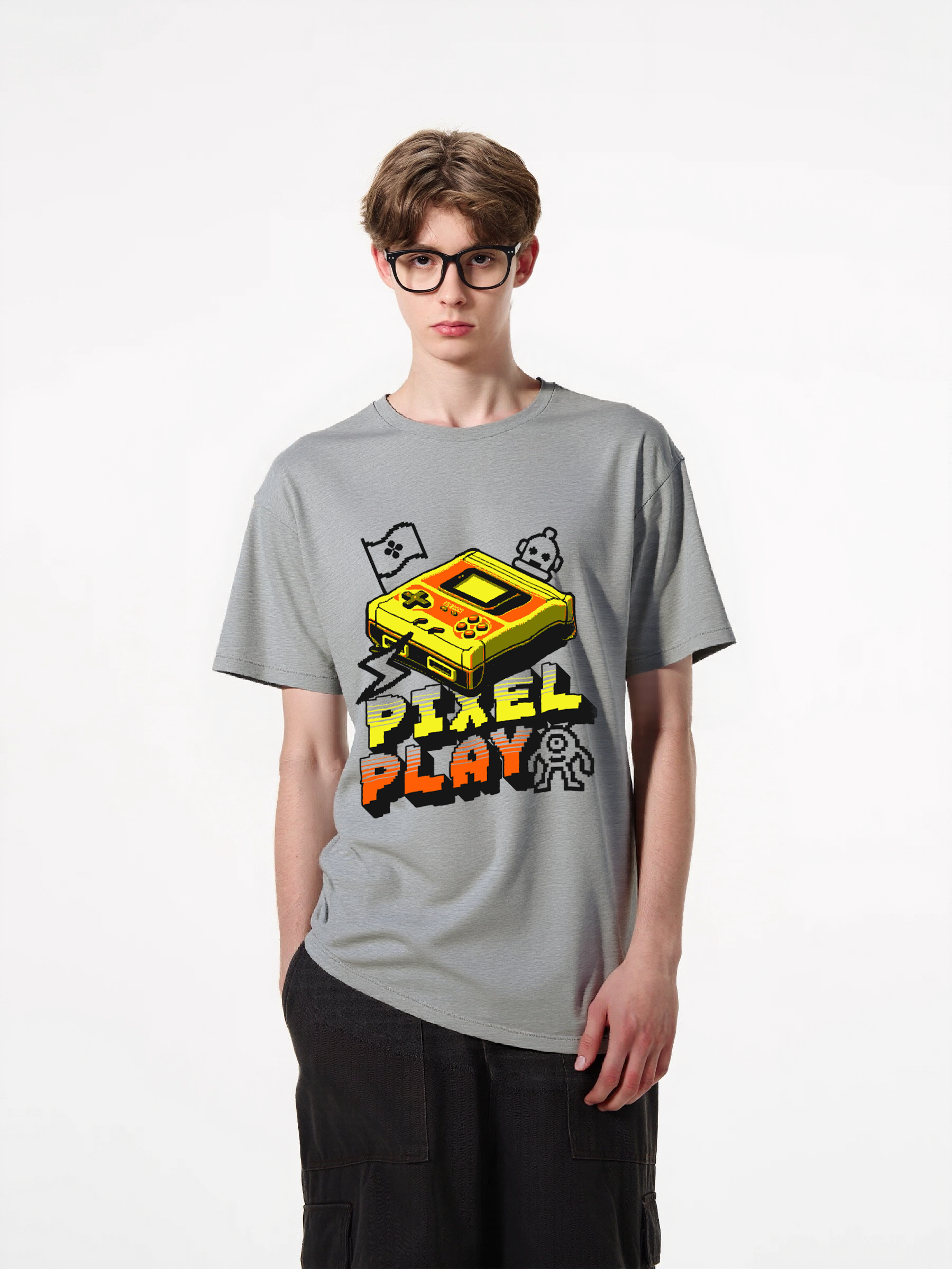 1pcs Retro Gamer T Shirt with Pixel Play print in various colors, trendy design featuring classic handheld game console, 180g pure cotton, comfortable and stylish for all occasions. Comfortable Casual Summer Tees Easy Care