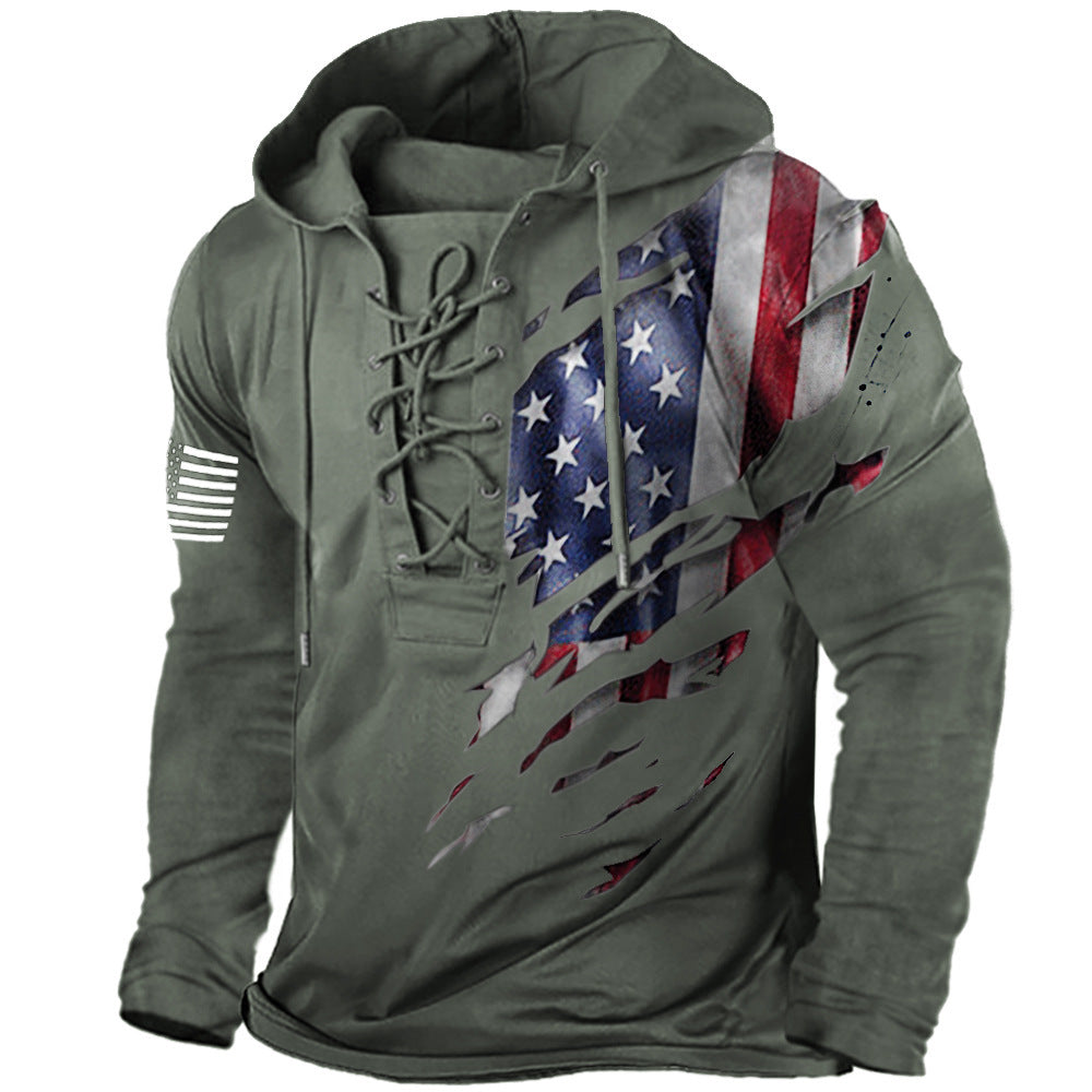 Veterans Day Gift - American Flag Print Lace-up Hoodie