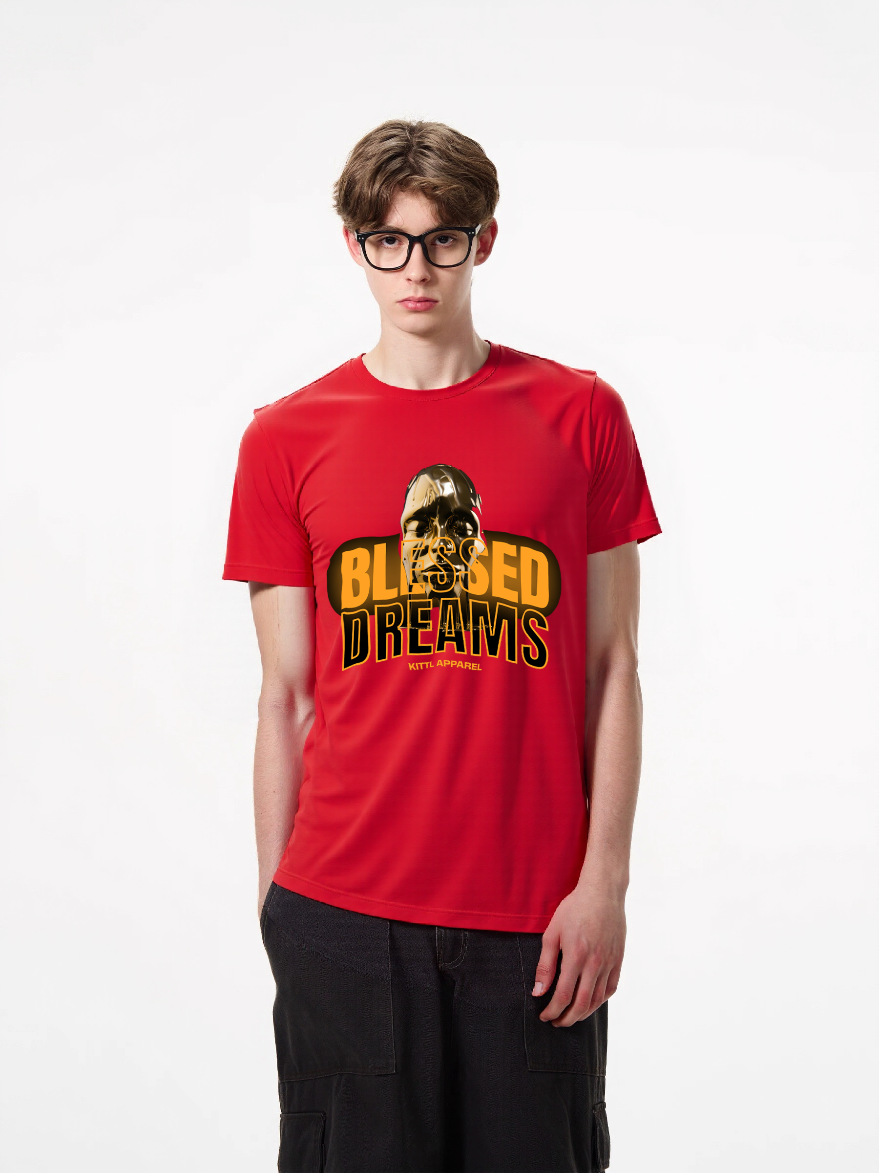 1pcs Trendy T Shirt with "Blessed Dreams" print, featuring metallic face graphic, various colors available, made from 180g pure cotton material, perfect for those seeking a unique and stylish look. Casual Short Sleeve T-Shirts in Soft