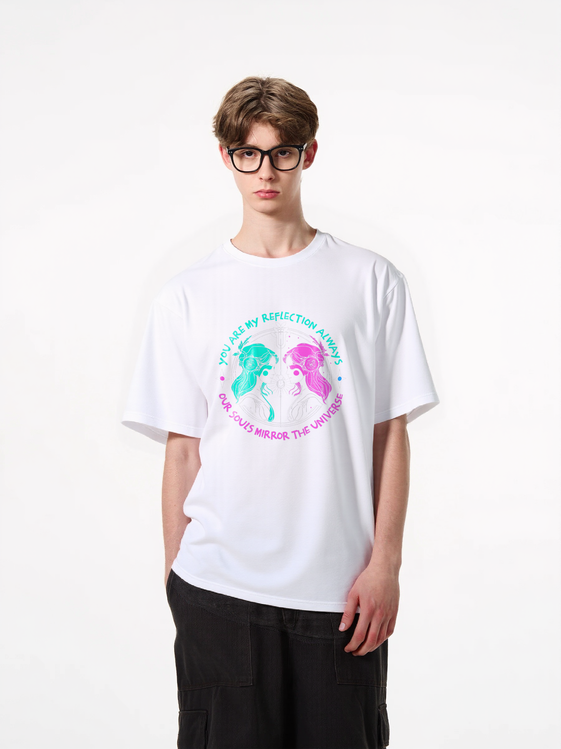 1pcs Trendy T Shirt with Mirror Universe Print, Various Colors Available, 180g Pure Cotton, Unique Star Design, Reflective Art Graphic, Comfortable, Casual, Stylish, Perfect for Everyday Wear, Eye-Catching Modern Fit Timeless Designs