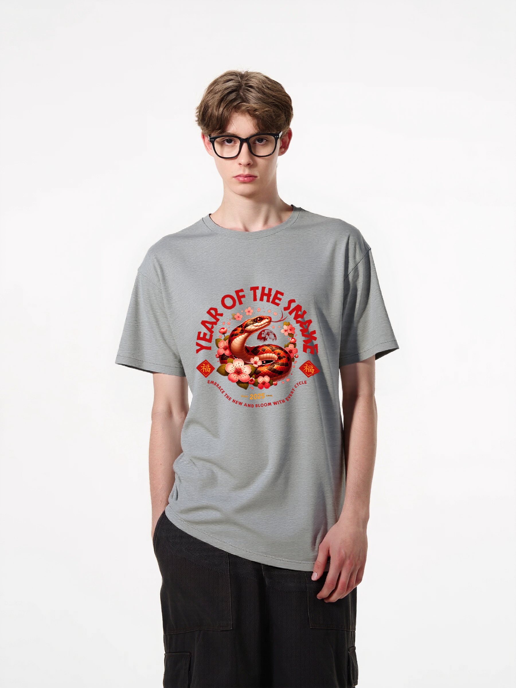 1pcs Year of the Snake T Shirt print with vibrant design in various colors, trendy 180g pure cotton tee features a bold snake artwork, cherry blossoms, and Chinese symbols for a unique statement piece. Go-To Casual Tees for Everyday