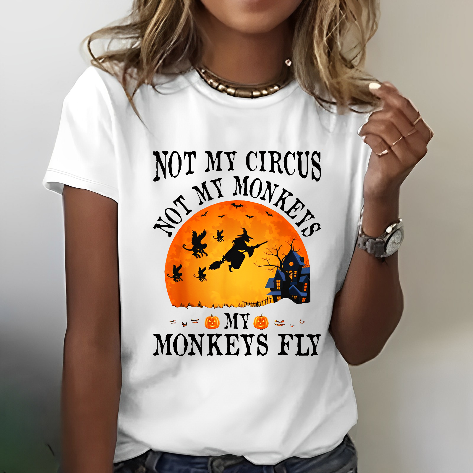 Women's Not My Circus Not My Monkeys Halloween Party Casual Crew Neck T-shirt
