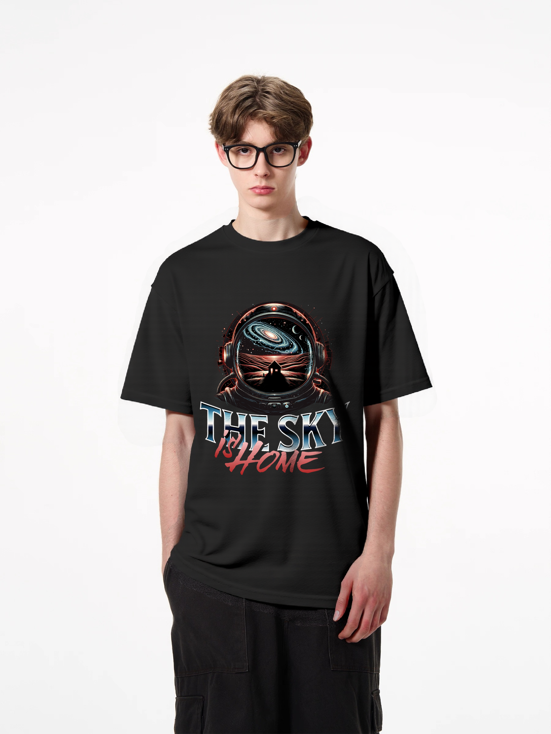 1pcs Trendy T Shirt with "The Sky is Home" print, featuring galactic space scene, astronaut helmet view, iconic house silhouette, available in various colors, crafted from 180g pure cotton. Lightweight Casual Tees in Beige, Black, and