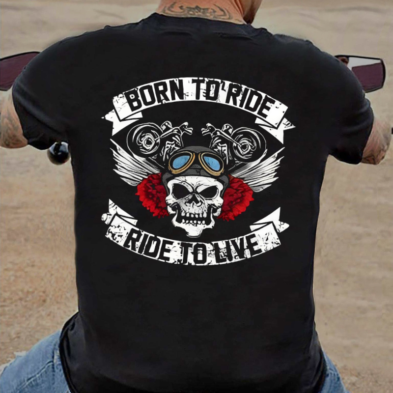 Born To Ride Ride To Live Funny Skull Print T-shirt