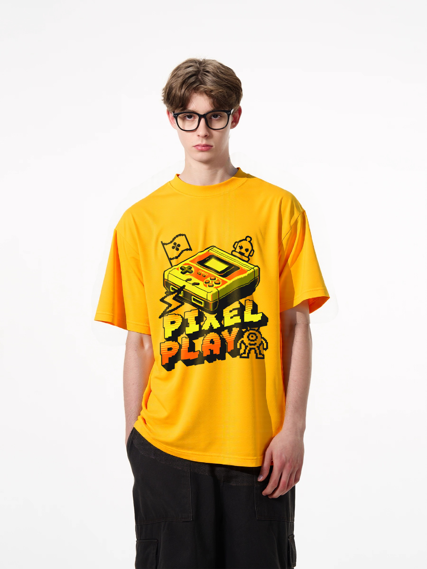 1pcs Retro Gamer T Shirt with Pixel Play print in various colors, trendy design featuring classic handheld game console, 180g pure cotton, comfortable and stylish for all occasions. Comfortable Casual Summer Tees Easy Care