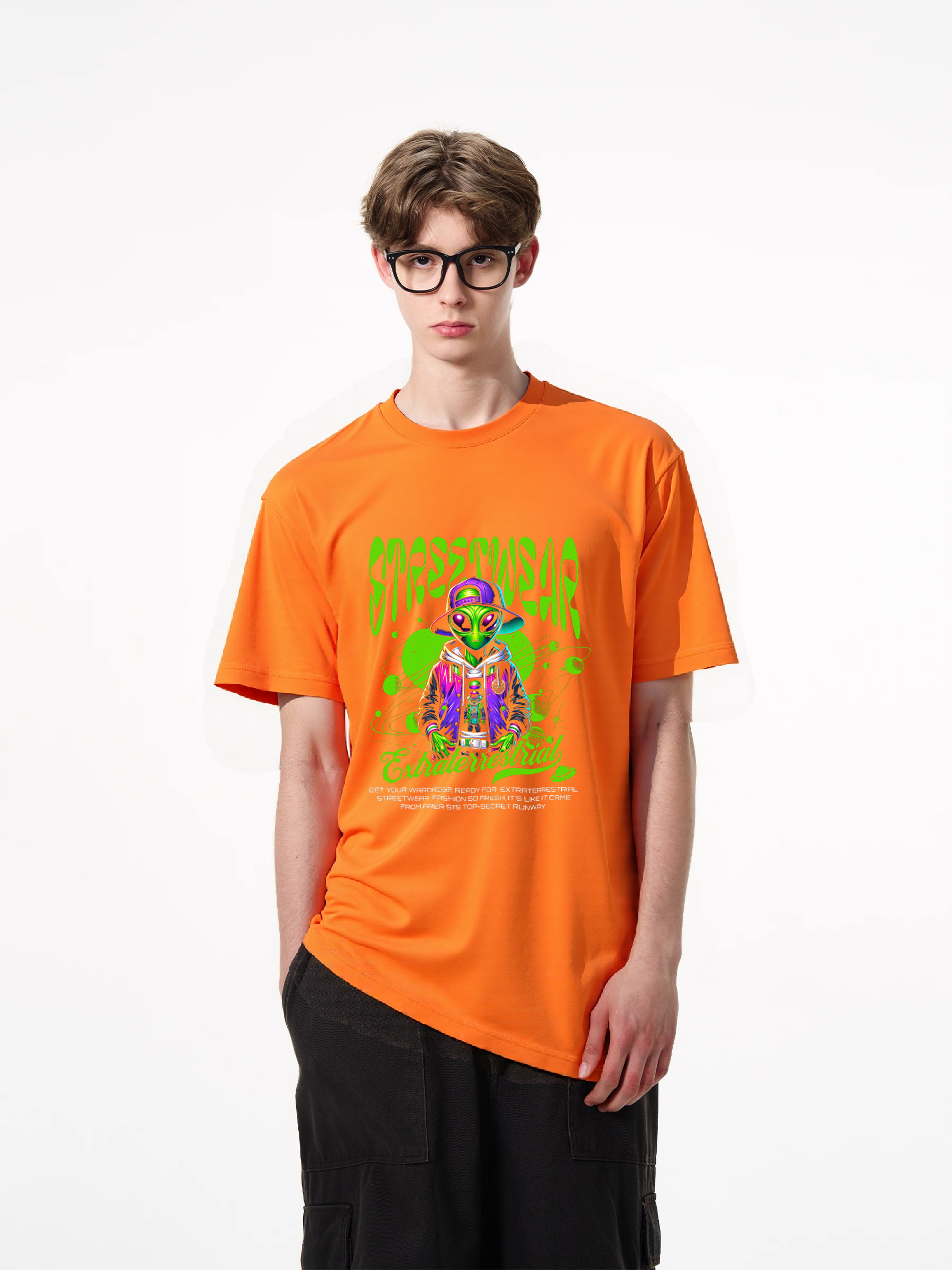 1pcs Stylish Alien T Shirt with "StressTreasonable" print, trendy design in various colors, featuring an extraterrestrial character, 180g pure cotton, perfect for streetwear enthusiasts. Fresh Casual Styles for Every Season Fashion