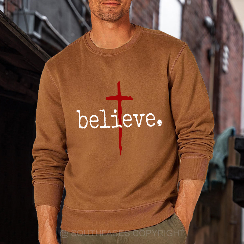 Believe Cross Print Christian Sweatshirt