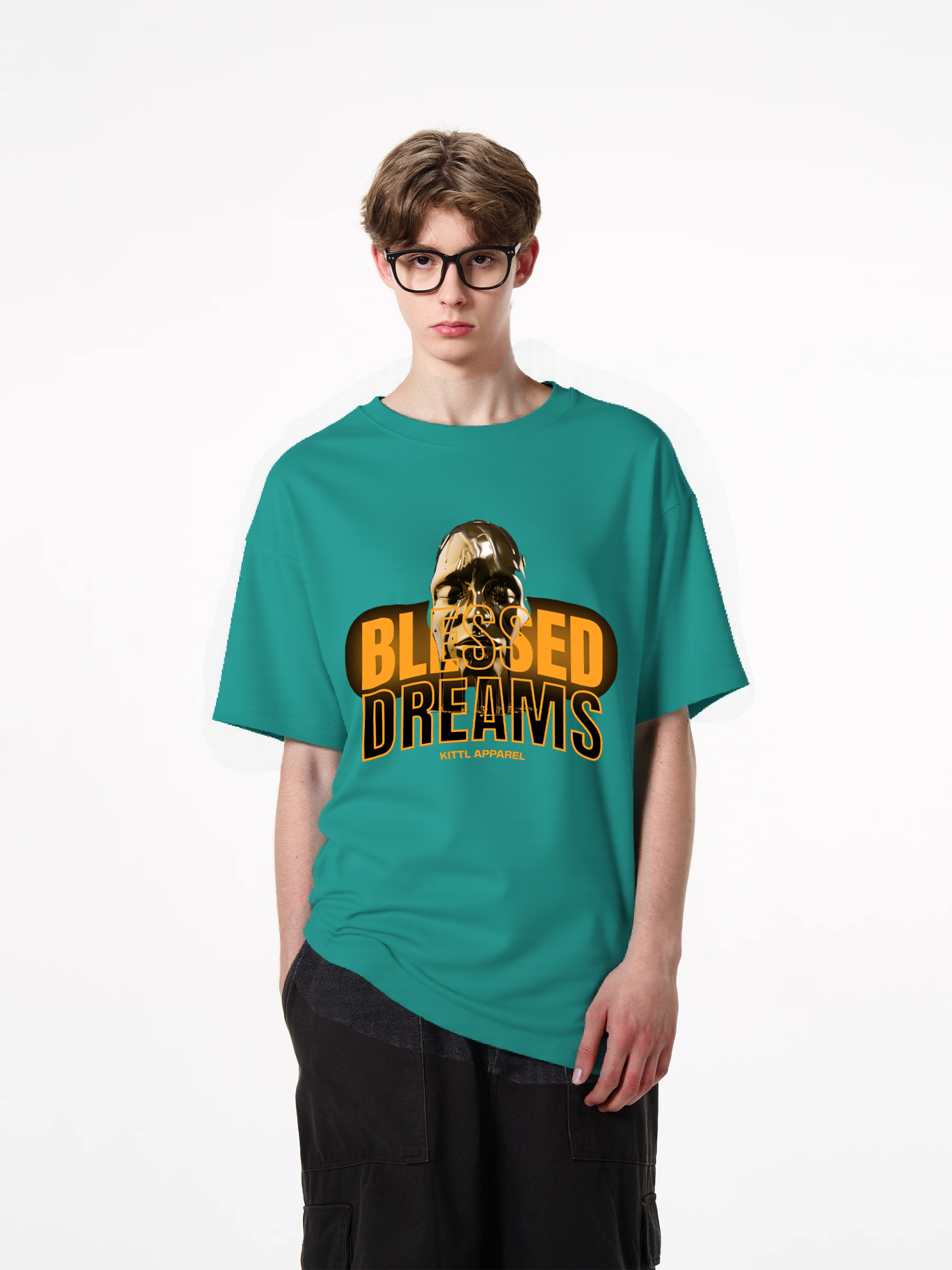 1pcs Trendy T Shirt with "Blessed Dreams" print, featuring metallic face graphic, various colors available, made from 180g pure cotton material, perfect for those seeking a unique and stylish look. Casual Short Sleeve T-Shirts in Soft