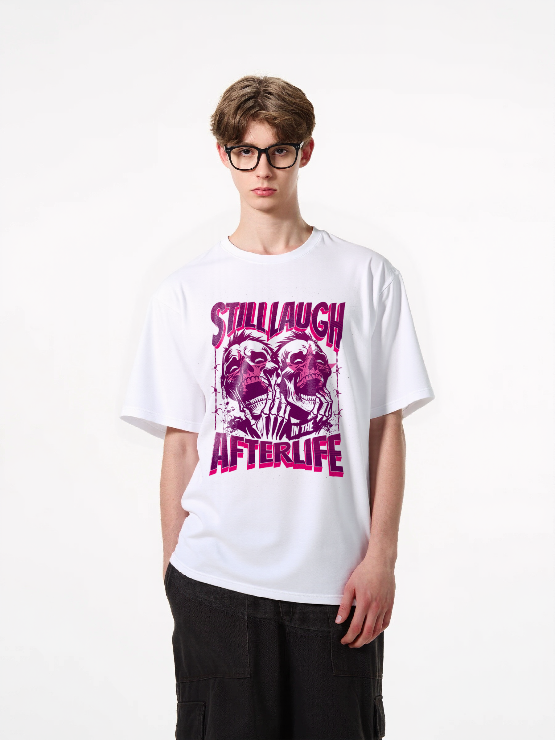 1pcs Trendy T-Shirt with Still Laugh Afterlife print, various colors available. 180g pure cotton shirt featuring skulls design for men women. Comfortable, durable, and stylish graphic tee. Casual Graphic Tees for Weekend Wear