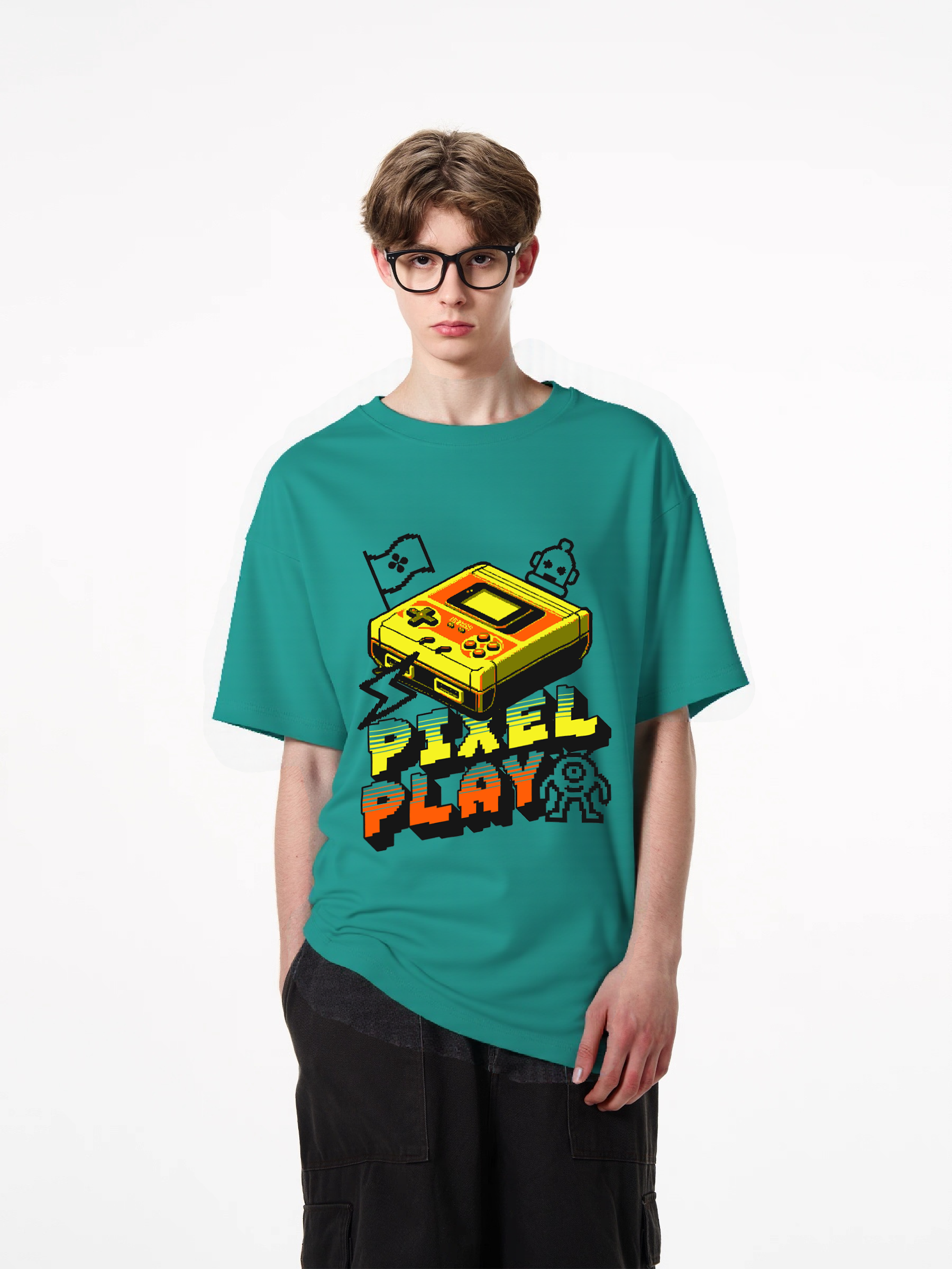 1pcs Retro Gamer T Shirt with Pixel Play print in various colors, trendy design featuring classic handheld game console, 180g pure cotton, comfortable and stylish for all occasions. Comfortable Casual Summer Tees Easy Care