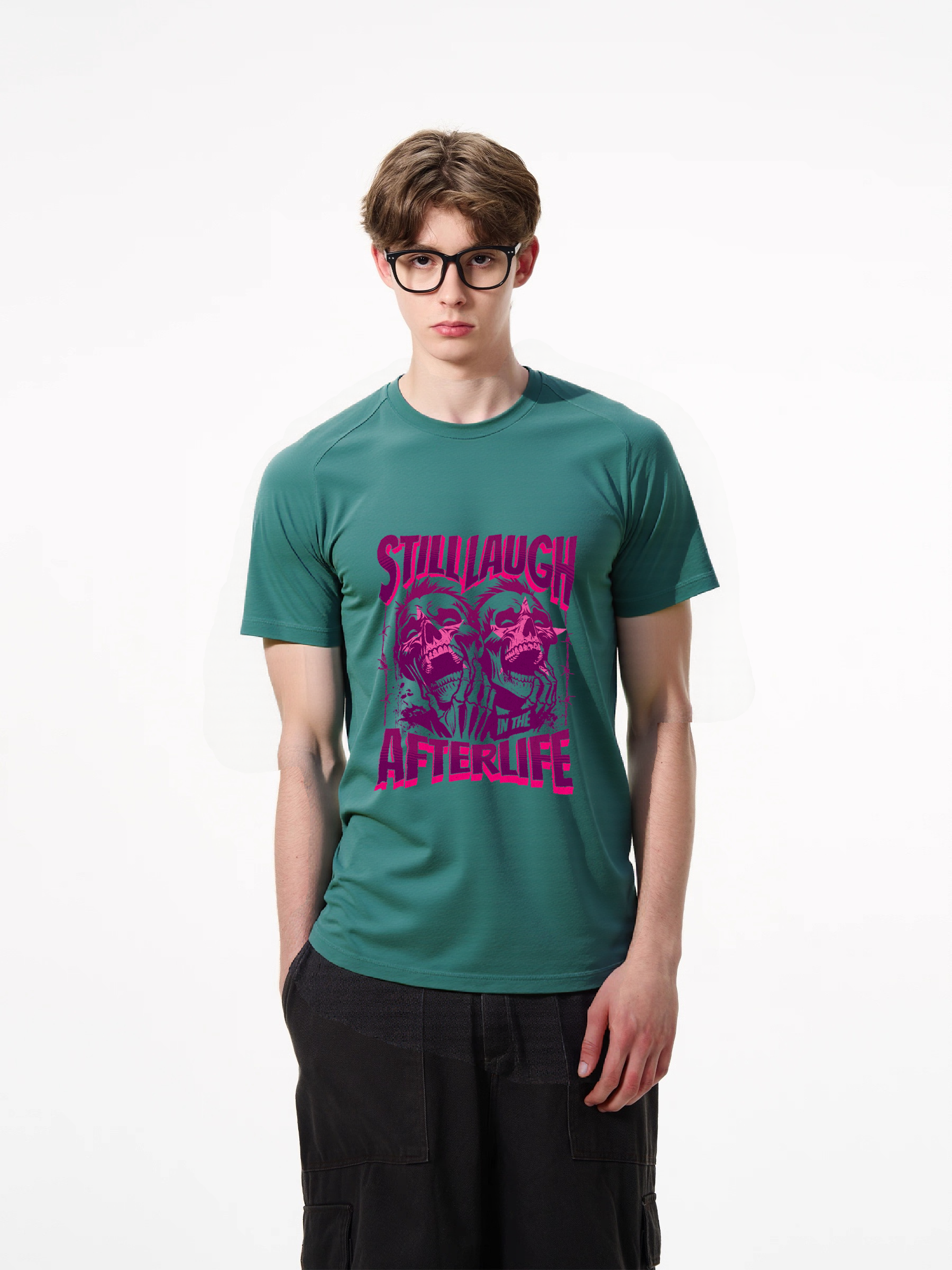 1pcs Trendy T-Shirt with Still Laugh Afterlife print, various colors available. 180g pure cotton shirt featuring skulls design for men women. Comfortable, durable, and stylish graphic tee. Casual Graphic Tees for Weekend Wear