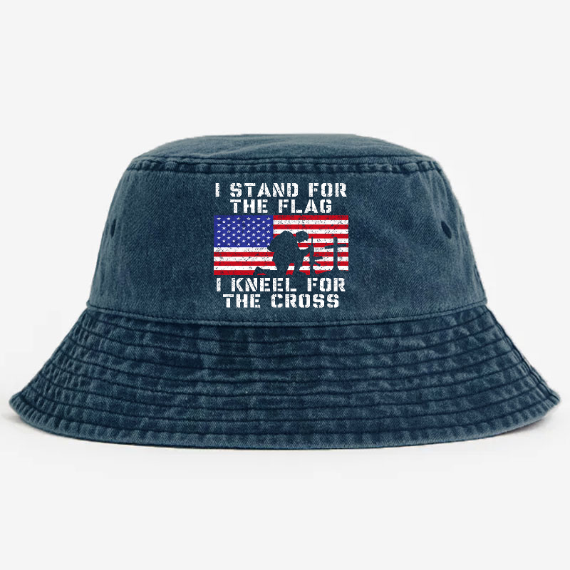 I Stand For The Flag I Kneel For The Cross USA Flag Print Bucket Hat