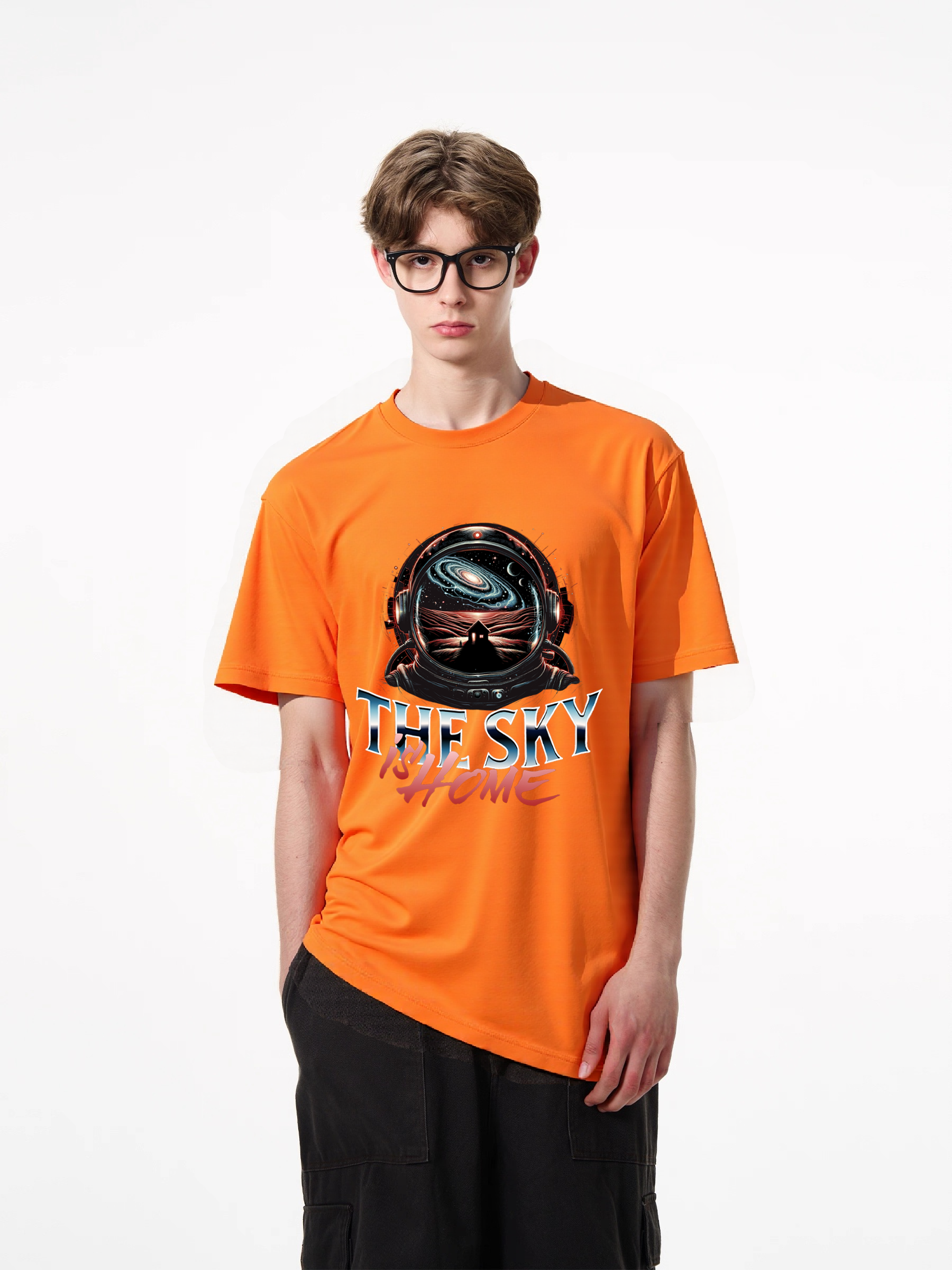 1pcs Trendy T Shirt with "The Sky is Home" print, featuring galactic space scene, astronaut helmet view, iconic house silhouette, available in various colors, crafted from 180g pure cotton. Lightweight Casual Tees in Beige, Black, and