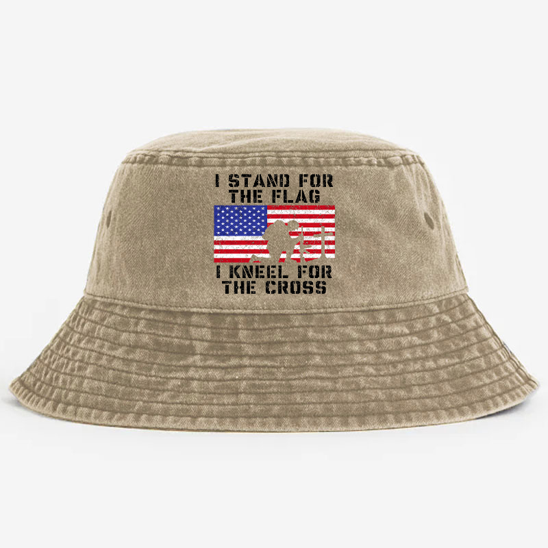 I Stand For The Flag I Kneel For The Cross USA Flag Print Bucket Hat