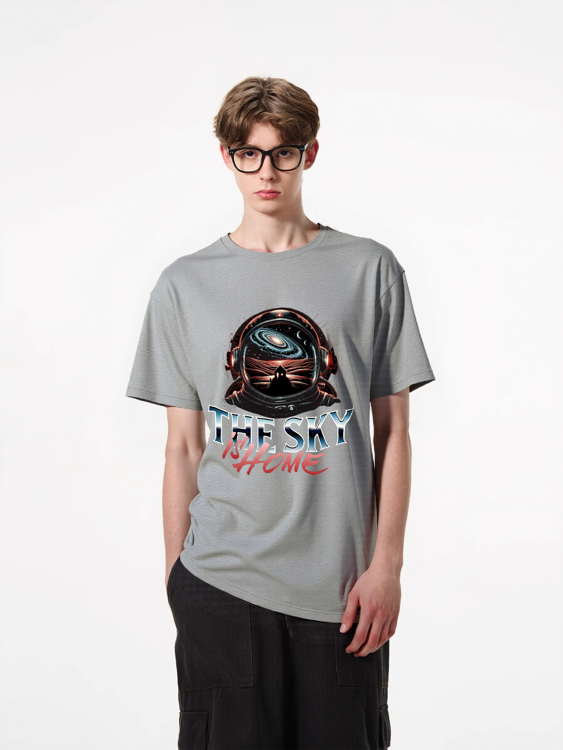 1pcs Trendy T Shirt with "The Sky is Home" print, featuring galactic space scene, astronaut helmet view, iconic house silhouette, available in various colors, crafted from 180g pure cotton. Lightweight Casual Tees in Beige, Black, and