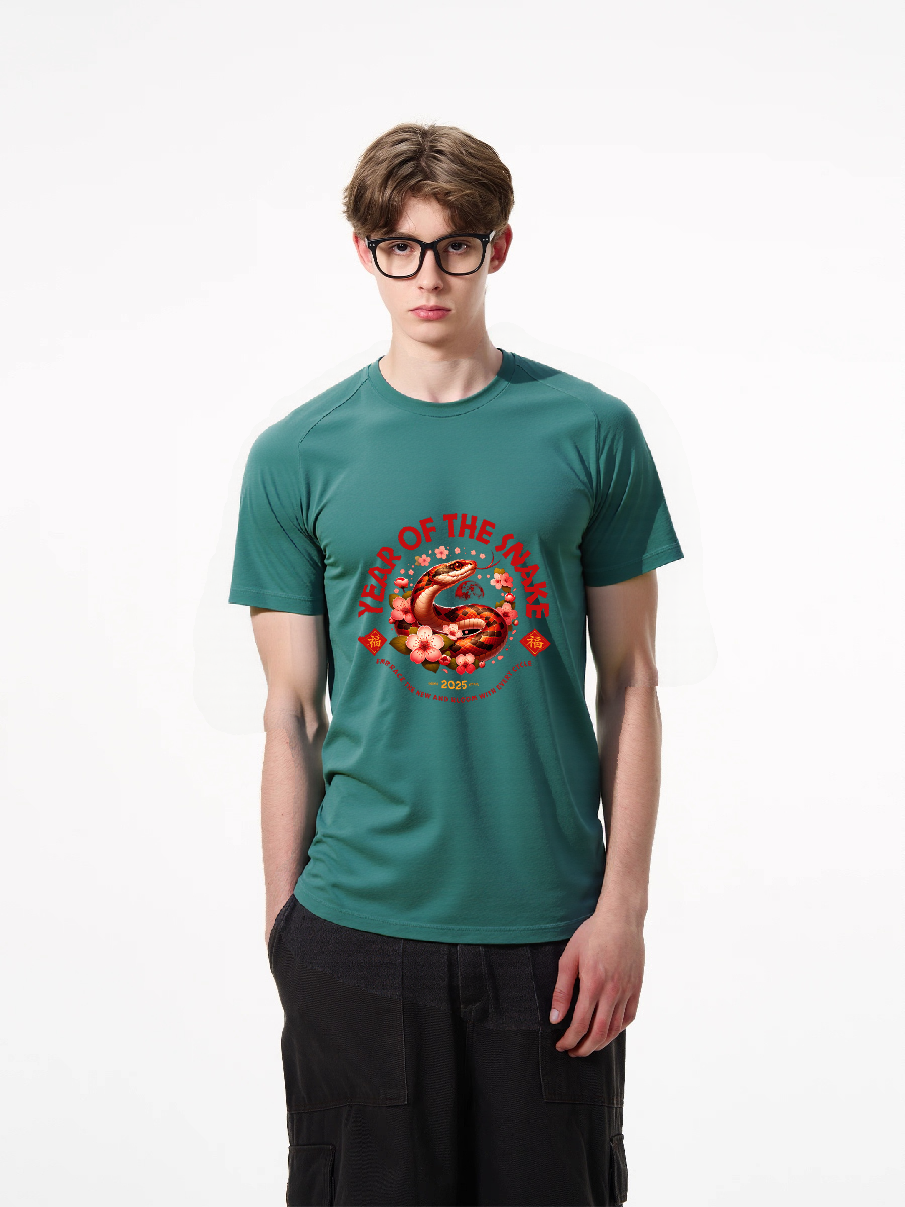 1pcs Year of the Snake T Shirt print with vibrant design in various colors, trendy 180g pure cotton tee features a bold snake artwork, cherry blossoms, and Chinese symbols for a unique statement piece. Go-To Casual Tees for Everyday
