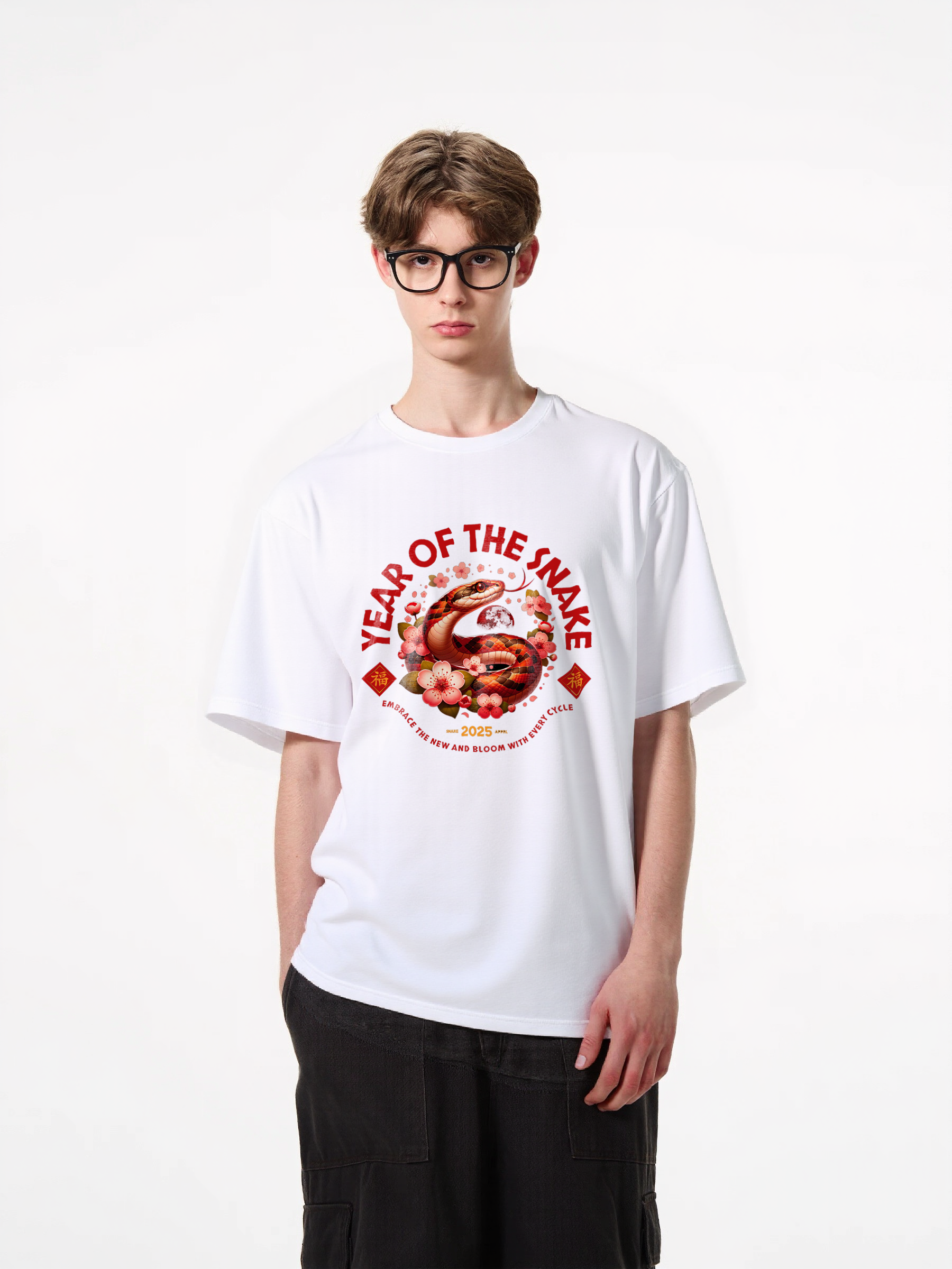 1pcs Year of the Snake T Shirt print with vibrant design in various colors, trendy 180g pure cotton tee features a bold snake artwork, cherry blossoms, and Chinese symbols for a unique statement piece. Go-To Casual Tees for Everyday