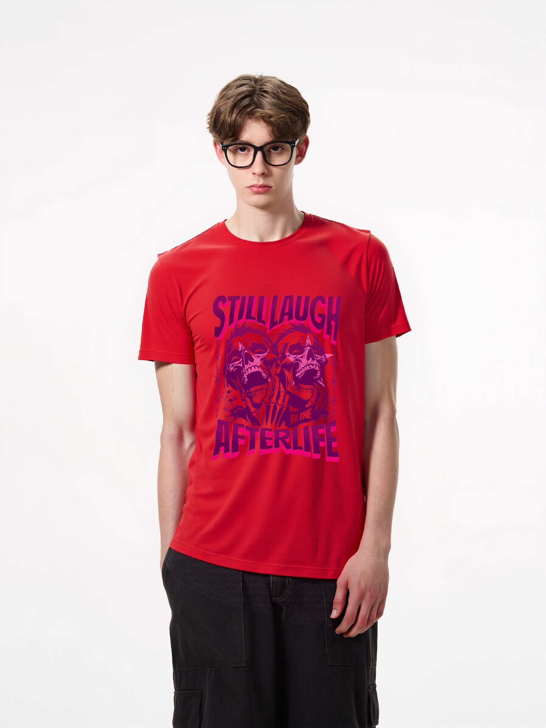 1pcs Trendy T-Shirt with Still Laugh Afterlife print, various colors available. 180g pure cotton shirt featuring skulls design for men women. Comfortable, durable, and stylish graphic tee. Casual Graphic Tees for Weekend Wear