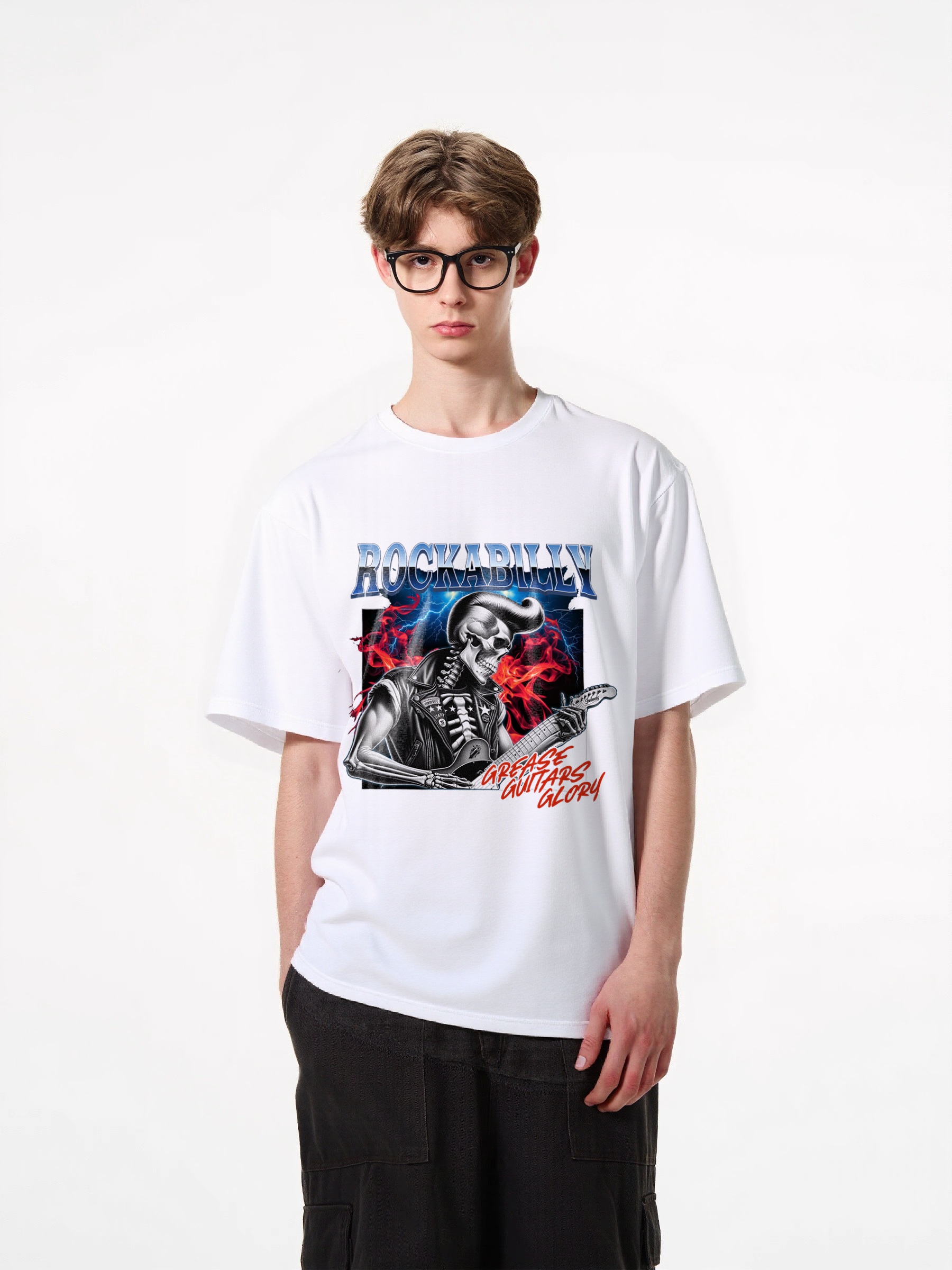 1pcs Rockabilly Skeleton Guitarist Print T Shirt Trendy Design Various Colors 180g Pure Cotton Graphic Top Fashion Statement Tee Heavenly' Designs: Essential T-Shirts for a Relaxed Summer Fresh Casual Summer Essentials