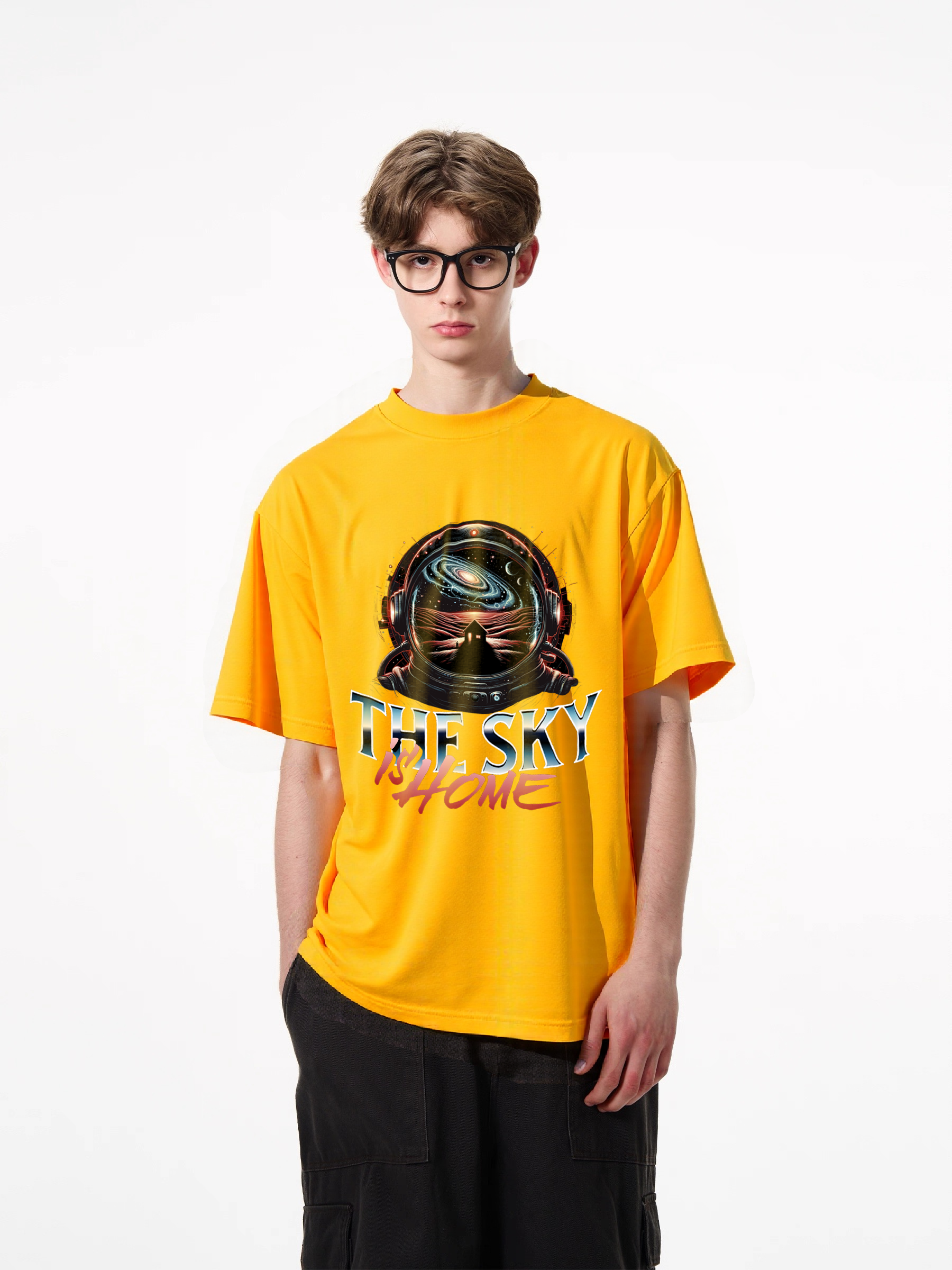 1pcs Trendy T Shirt with "The Sky is Home" print, featuring galactic space scene, astronaut helmet view, iconic house silhouette, available in various colors, crafted from 180g pure cotton. Lightweight Casual Tees in Beige, Black, and