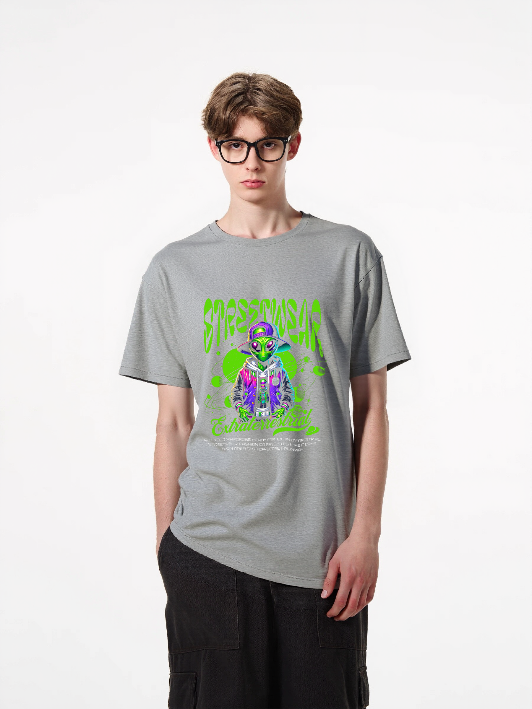 1pcs Stylish Alien T Shirt with "StressTreasonable" print, trendy design in various colors, featuring an extraterrestrial character, 180g pure cotton, perfect for streetwear enthusiasts. Fresh Casual Styles for Every Season Fashion