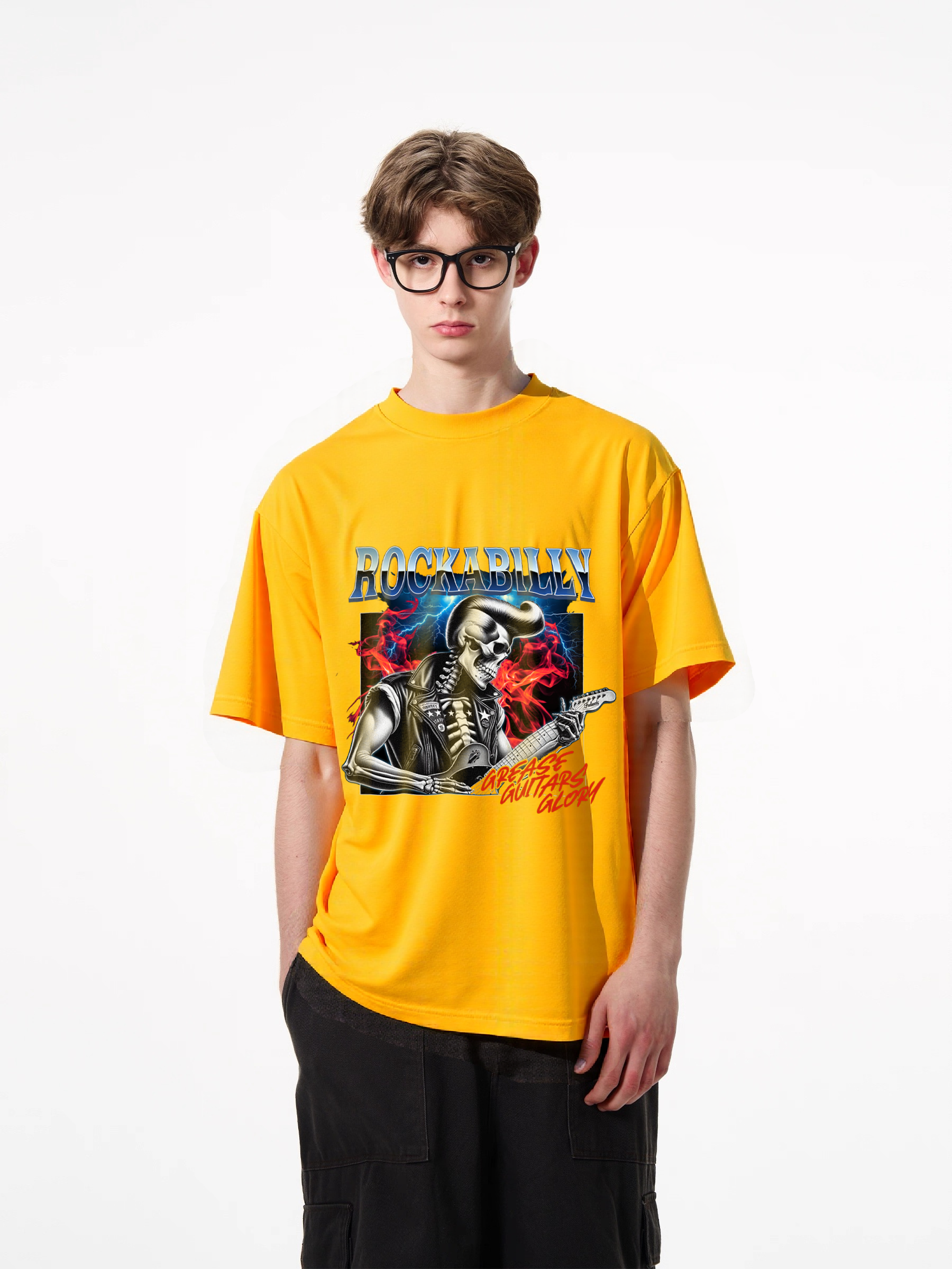 1pcs Rockabilly Skeleton Guitarist Print T Shirt Trendy Design Various Colors 180g Pure Cotton Graphic Top Fashion Statement Tee Heavenly' Designs: Essential T-Shirts for a Relaxed Summer Fresh Casual Summer Essentials
