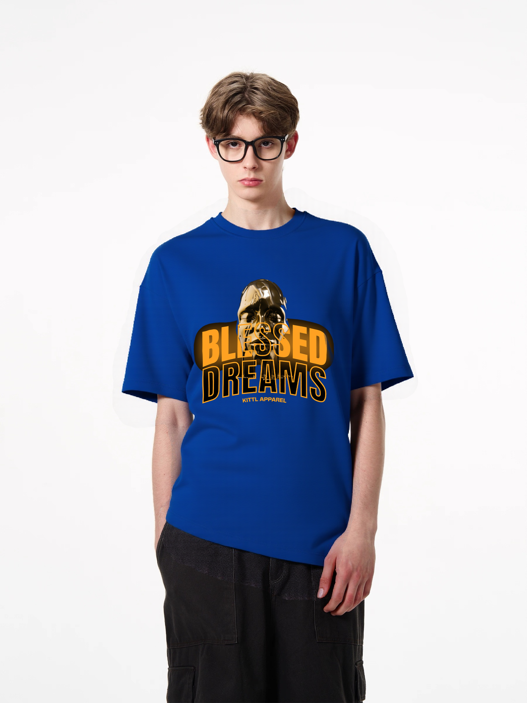 1pcs Trendy T Shirt with "Blessed Dreams" print, featuring metallic face graphic, various colors available, made from 180g pure cotton material, perfect for those seeking a unique and stylish look. Casual Short Sleeve T-Shirts in Soft