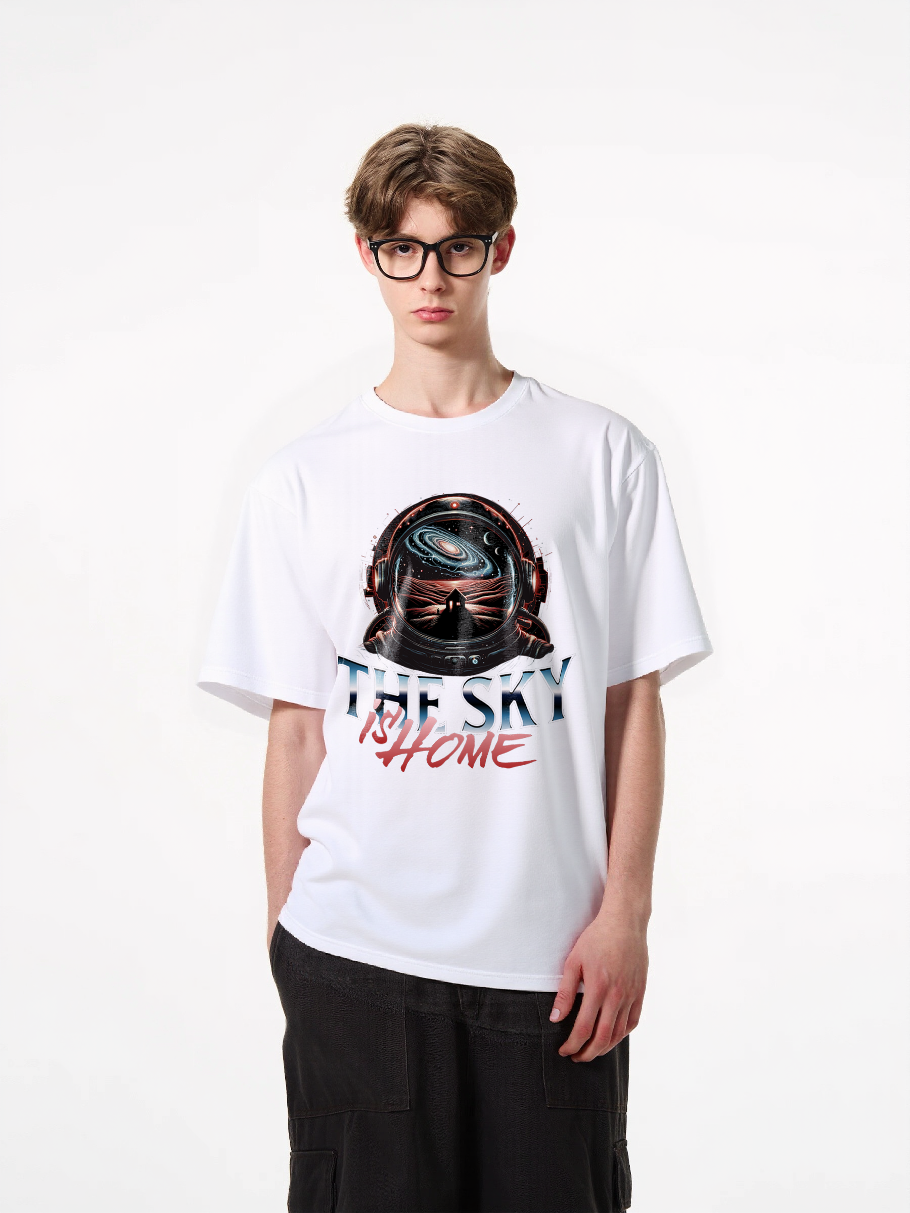 1pcs Trendy T Shirt with "The Sky is Home" print, featuring galactic space scene, astronaut helmet view, iconic house silhouette, available in various colors, crafted from 180g pure cotton. Lightweight Casual Tees in Beige, Black, and