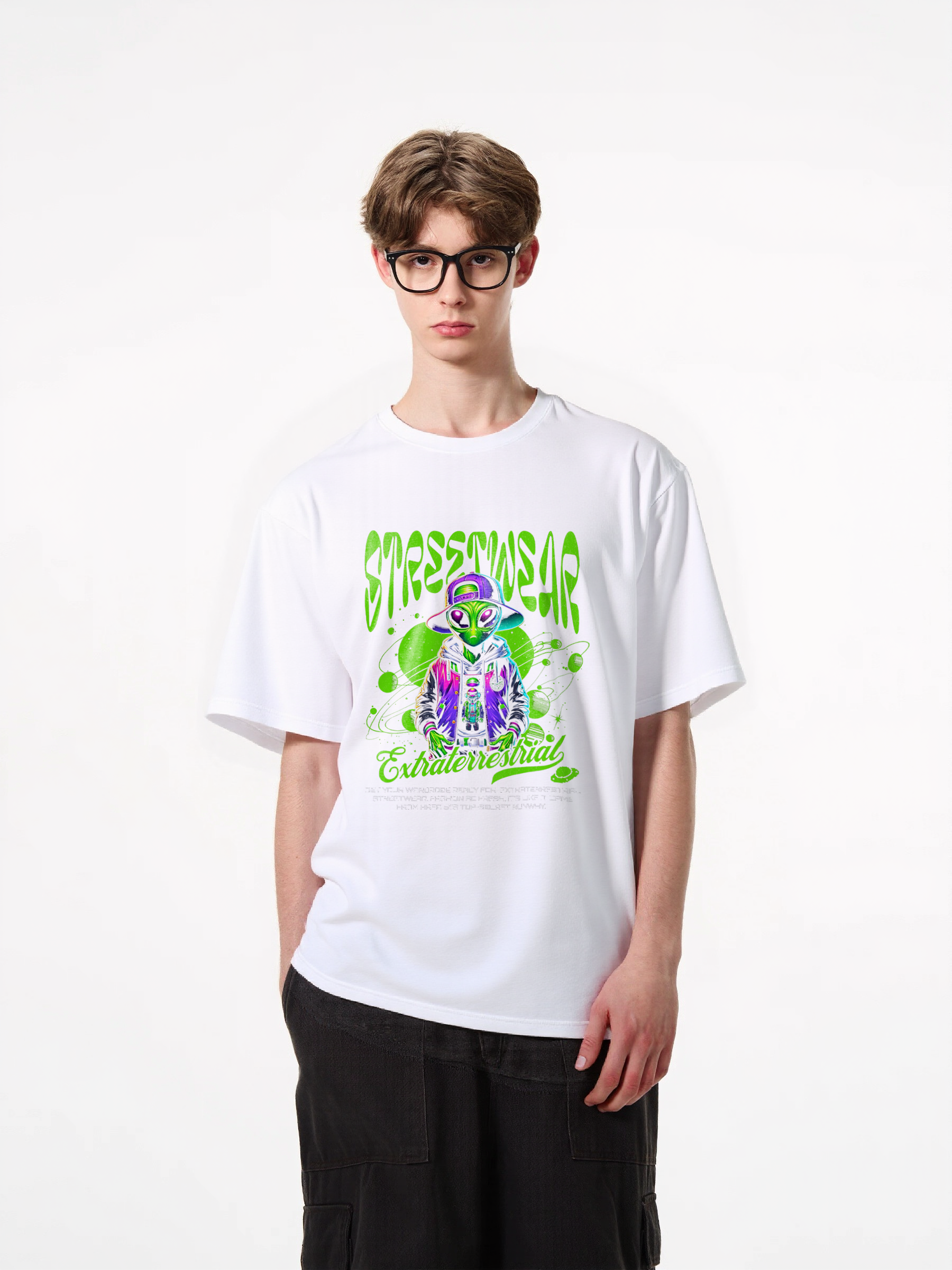 1pcs Stylish Alien T Shirt with "StressTreasonable" print, trendy design in various colors, featuring an extraterrestrial character, 180g pure cotton, perfect for streetwear enthusiasts. Fresh Casual Styles for Every Season Fashion