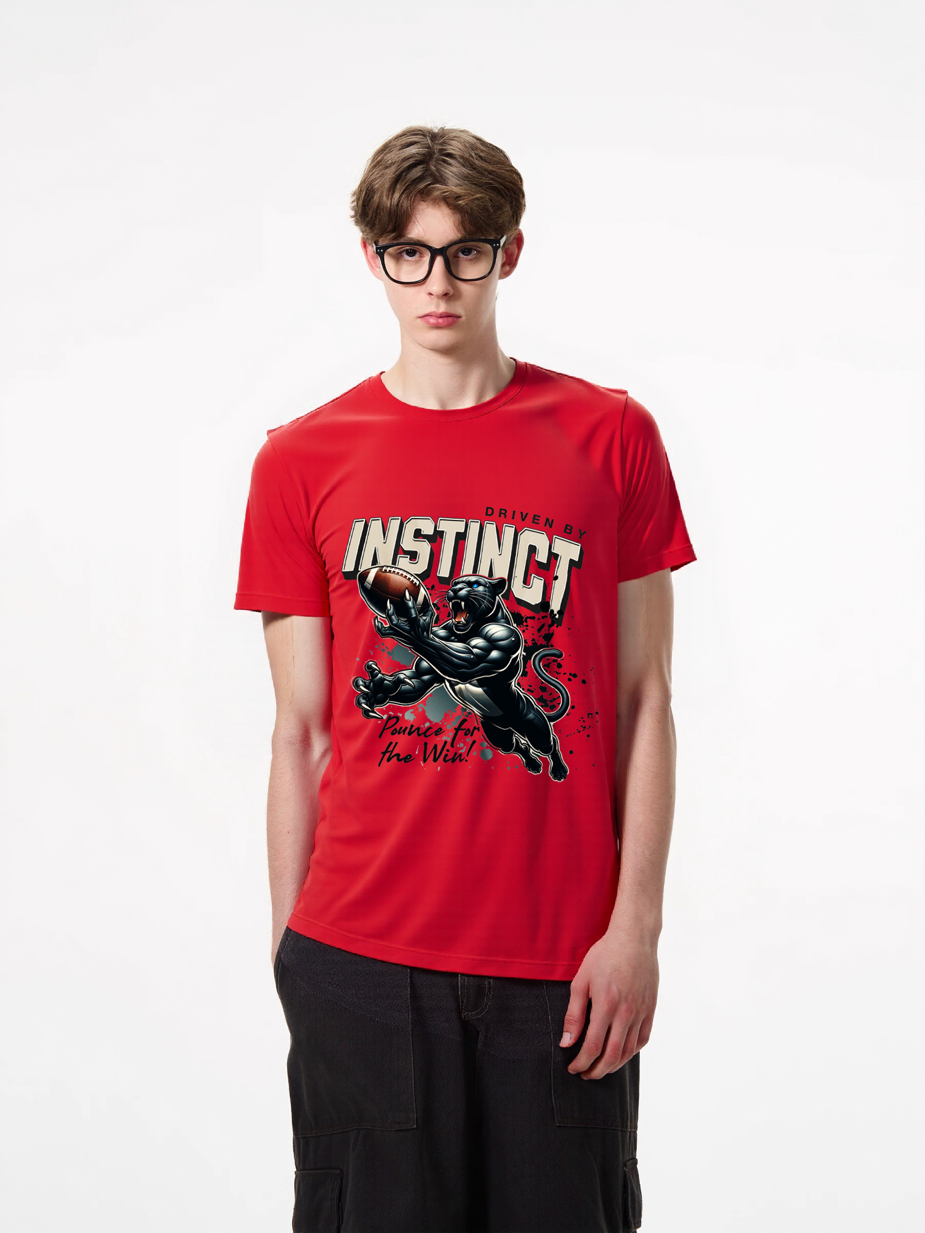 1pcs Trendy T-Shirt with Panther Football Print, Driven by Instinct Design, 180g Pure Cotton, Various Colors Available, Sporty Style Tee for Fans and Players Unique Patterns Modern Casual Looks for Men
