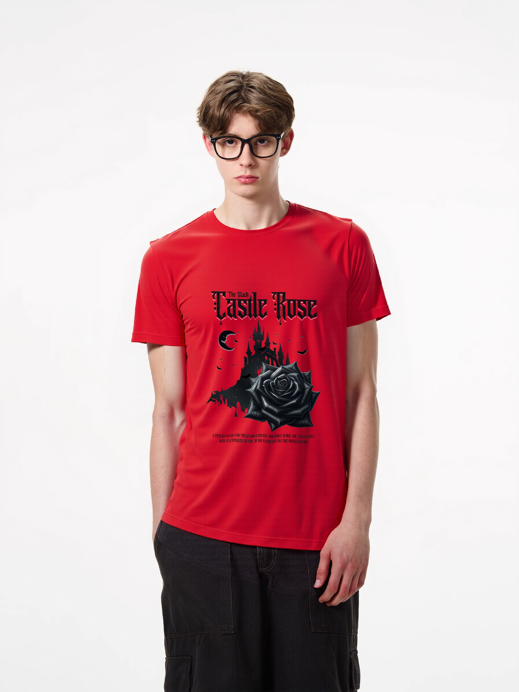 1pcs Trendy Black Rose Castle Print T Shirt, 180g Pure Cotton Various Colors, Gothic Nightmare Graphic Tee, Night Sky Moon and Stars Design Urban Casual Wear for the Trendy Man Heavenly' Casual T-Shirts Perfect for Hot Summer Days