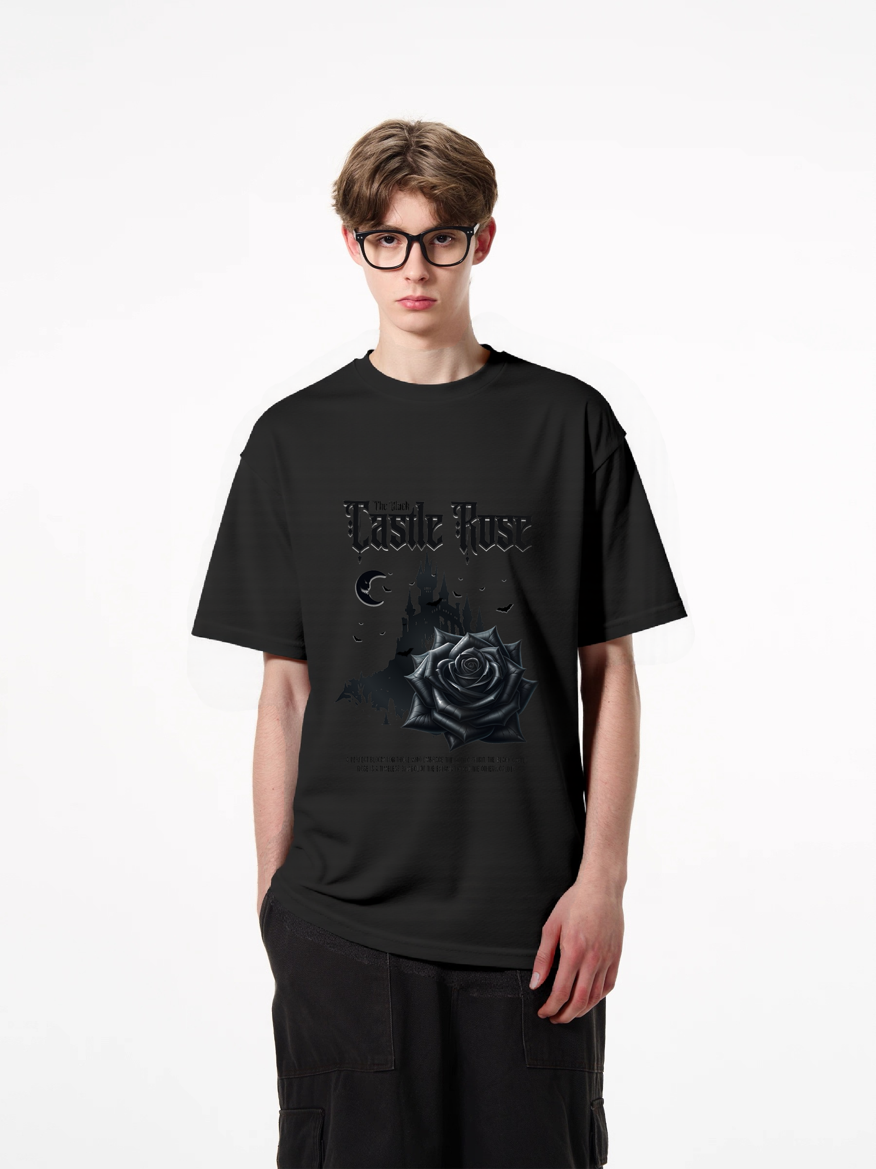 1pcs Trendy Black Rose Castle Print T Shirt, 180g Pure Cotton Various Colors, Gothic Nightmare Graphic Tee, Night Sky Moon and Stars Design Urban Casual Wear for the Trendy Man Heavenly' Casual T-Shirts Perfect for Hot Summer Days