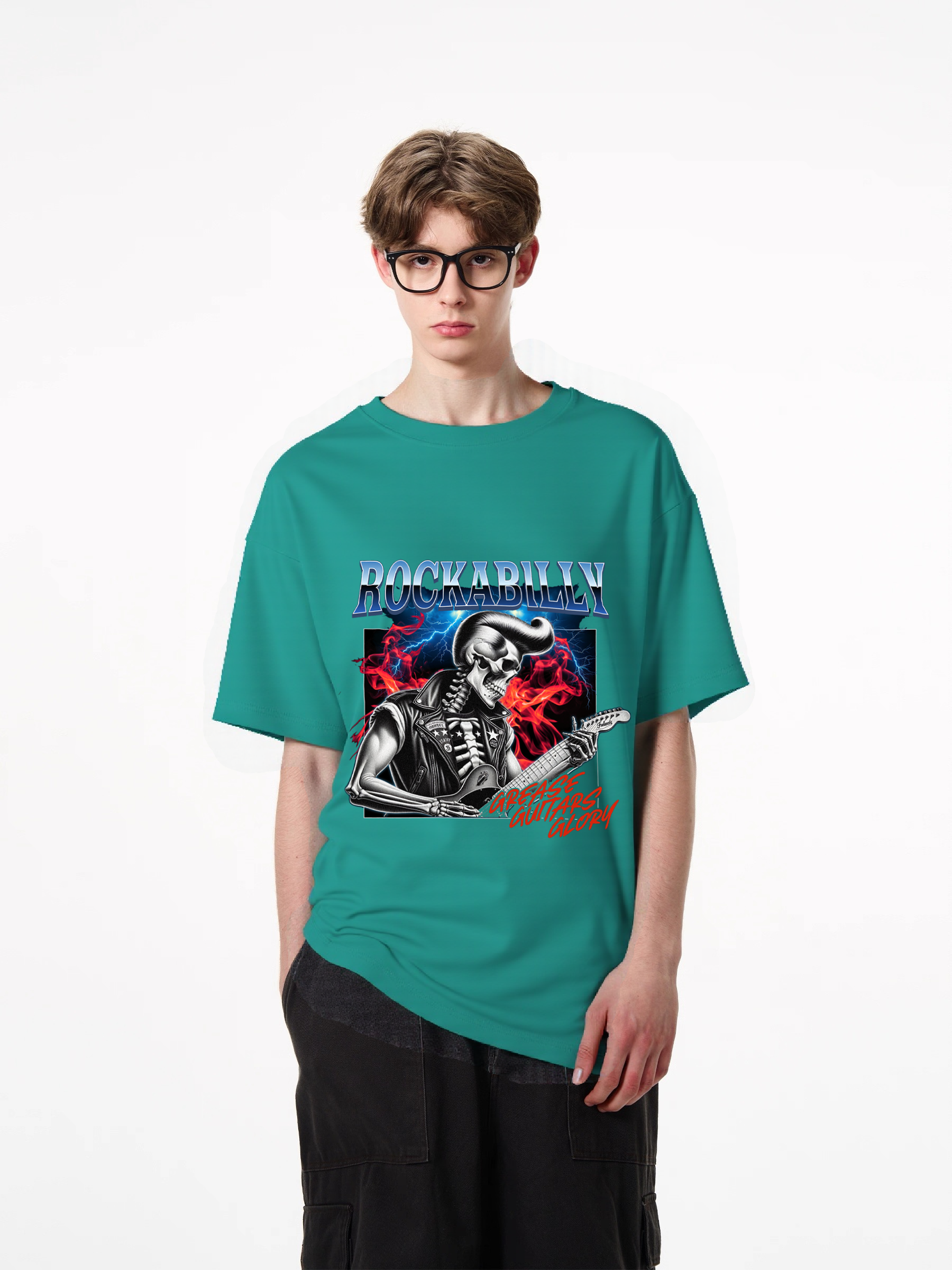1pcs Rockabilly Skeleton Guitarist Print T Shirt Trendy Design Various Colors 180g Pure Cotton Graphic Top Fashion Statement Tee Heavenly' Designs: Essential T-Shirts for a Relaxed Summer Fresh Casual Summer Essentials
