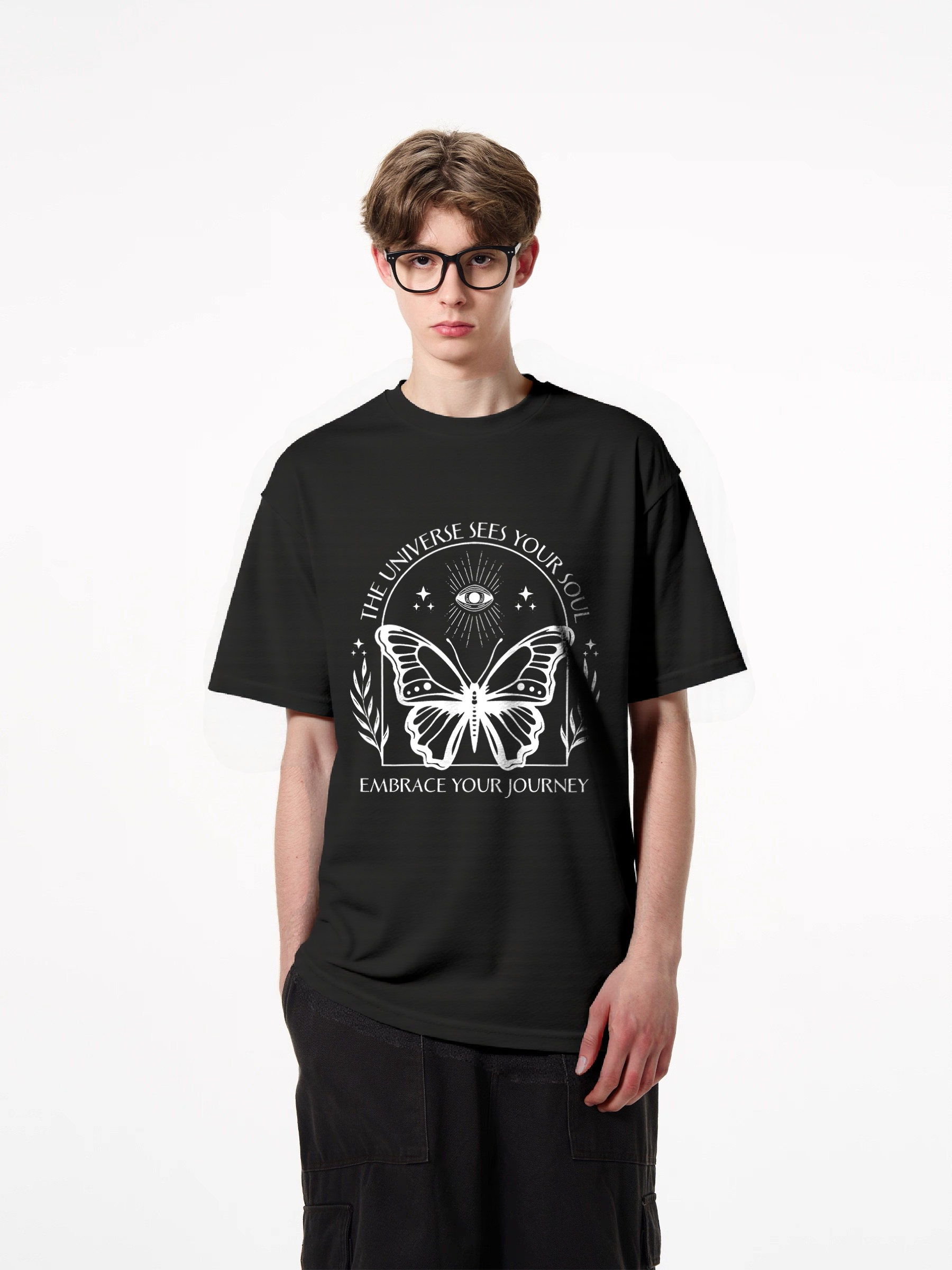 1pcs Trendy T Shirt with Unique Butterfly and All Seeing Eye Print, The Universe Sees Your Soul Design in Various Colors, Embrace Your Journey, 180g Pure Cotton Comfortable Tee. Heavenly' & More Casual Crew Neck Tees for Effortless