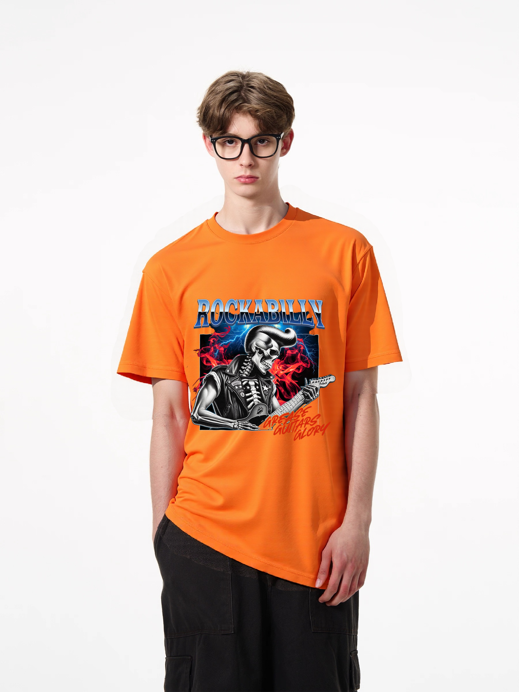 1pcs Rockabilly Skeleton Guitarist Print T Shirt Trendy Design Various Colors 180g Pure Cotton Graphic Top Fashion Statement Tee Heavenly' Designs: Essential T-Shirts for a Relaxed Summer Fresh Casual Summer Essentials