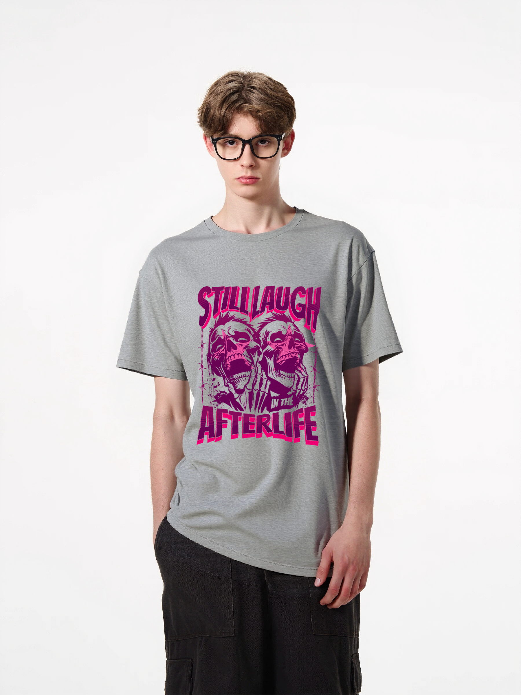 1pcs Trendy T-Shirt with Still Laugh Afterlife print, various colors available. 180g pure cotton shirt featuring skulls design for men women. Comfortable, durable, and stylish graphic tee. Casual Graphic Tees for Weekend Wear