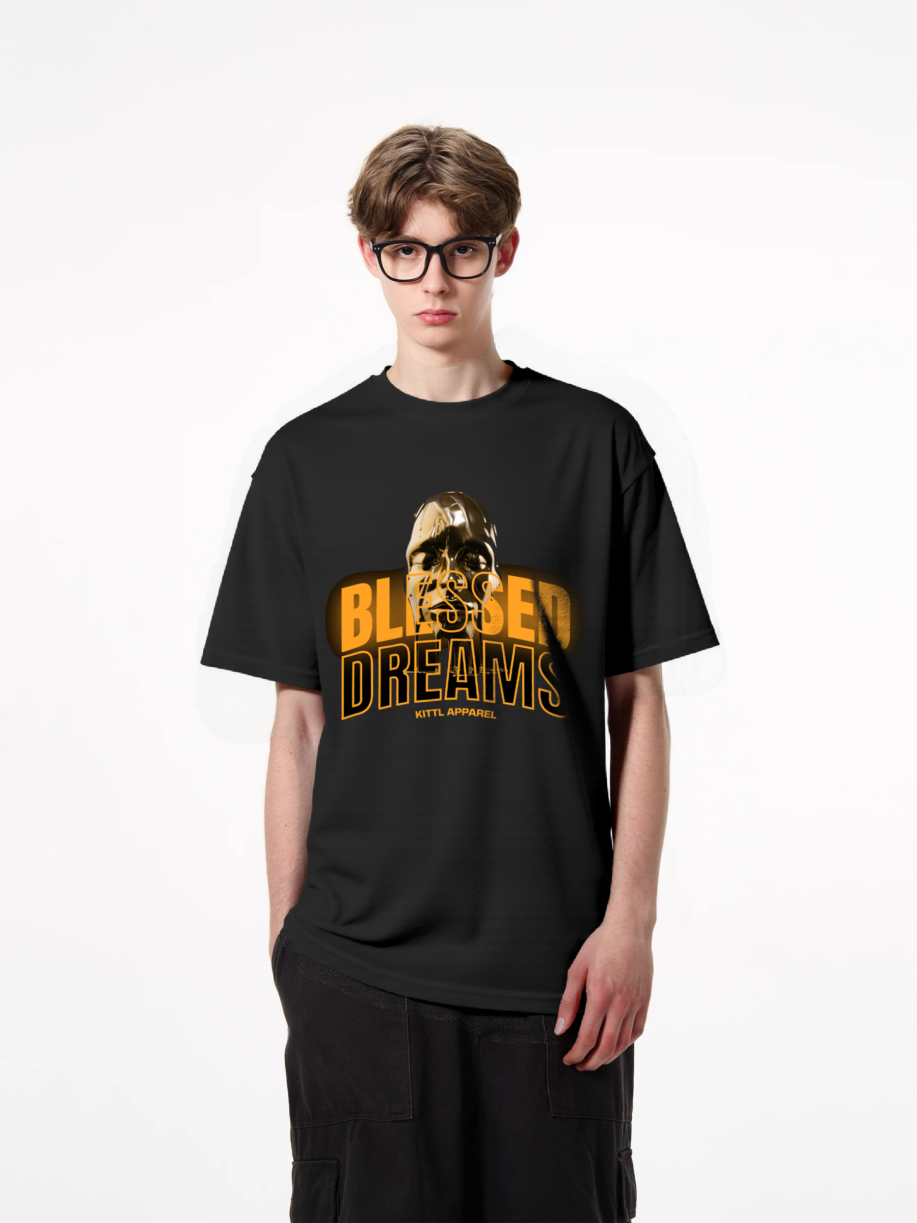 1pcs Trendy T Shirt with "Blessed Dreams" print, featuring metallic face graphic, various colors available, made from 180g pure cotton material, perfect for those seeking a unique and stylish look. Casual Short Sleeve T-Shirts in Soft