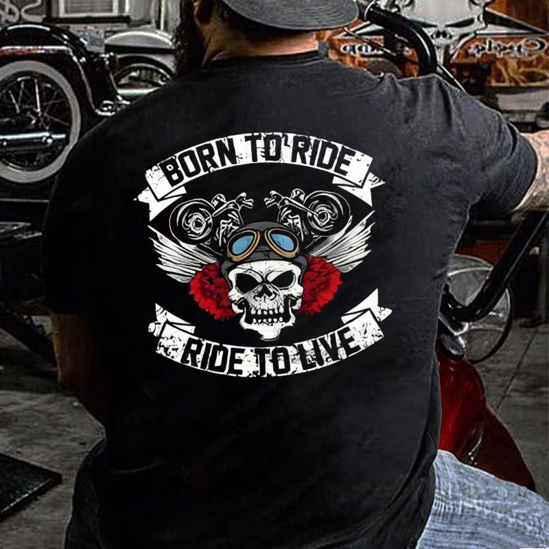Born To Ride Ride To Live Funny Skull Print T-shirt