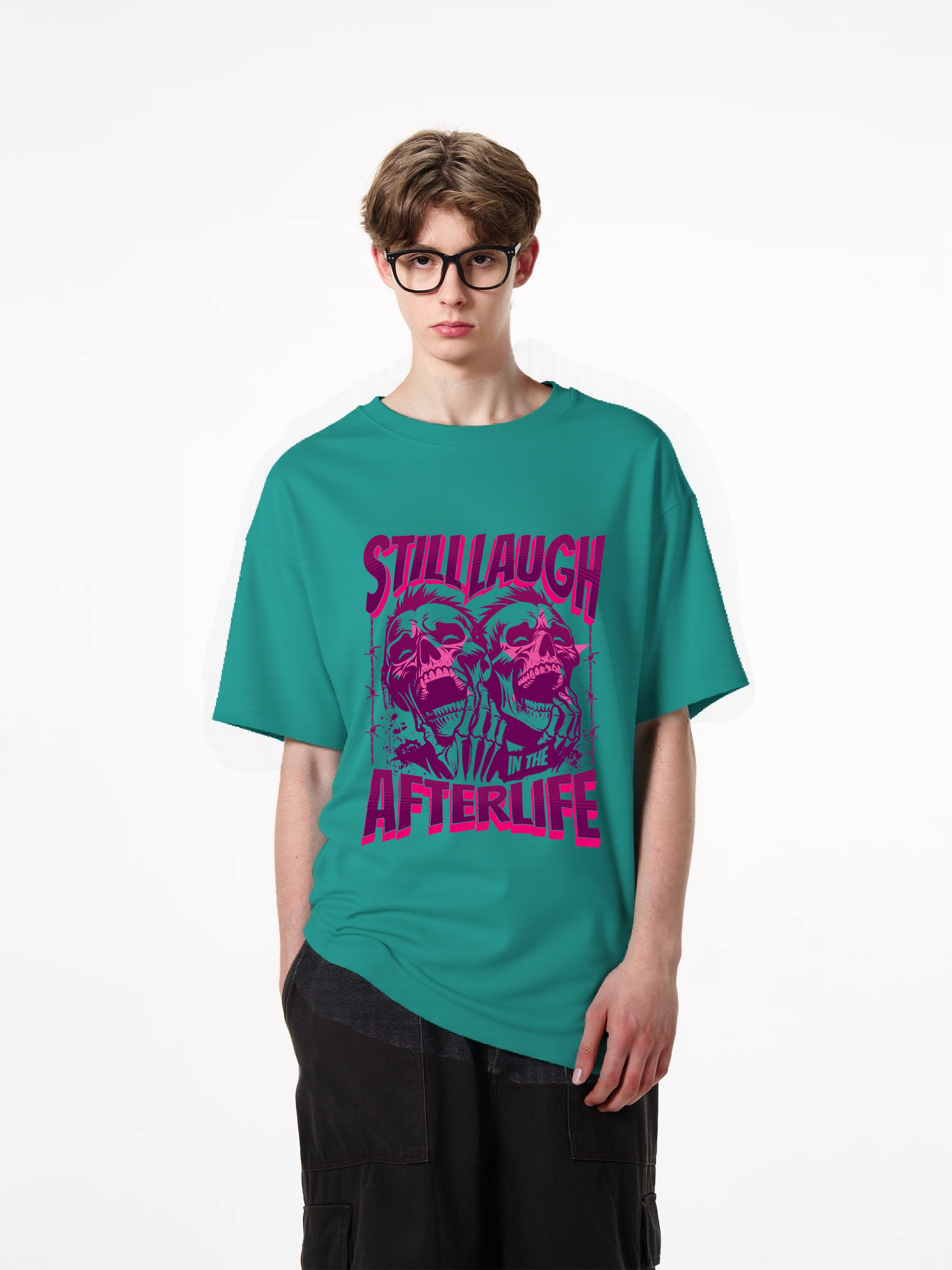 1pcs Trendy T-Shirt with Still Laugh Afterlife print, various colors available. 180g pure cotton shirt featuring skulls design for men women. Comfortable, durable, and stylish graphic tee. Casual Graphic Tees for Weekend Wear
