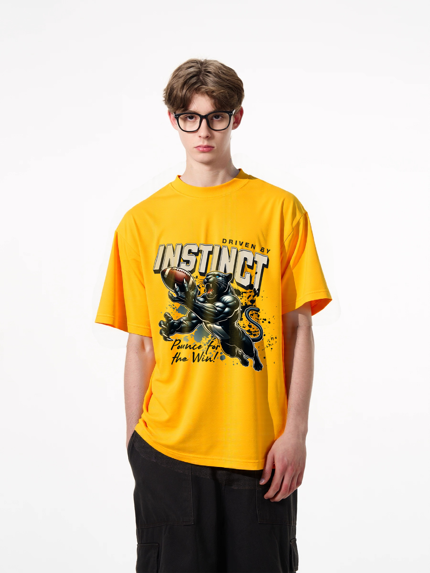 1pcs Trendy T-Shirt with Panther Football Print, Driven by Instinct Design, 180g Pure Cotton, Various Colors Available, Sporty Style Tee for Fans and Players Unique Patterns Modern Casual Looks for Men