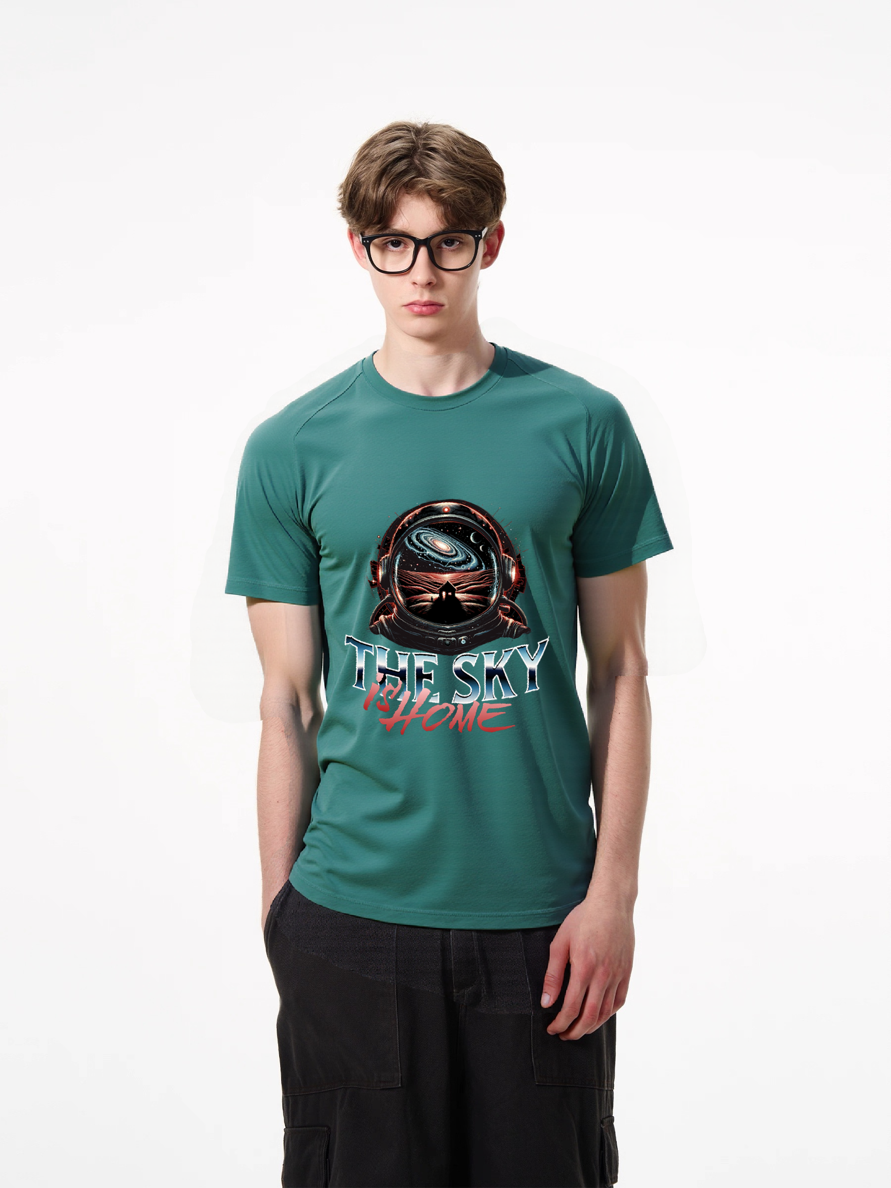 1pcs Trendy T Shirt with "The Sky is Home" print, featuring galactic space scene, astronaut helmet view, iconic house silhouette, available in various colors, crafted from 180g pure cotton. Lightweight Casual Tees in Beige, Black, and