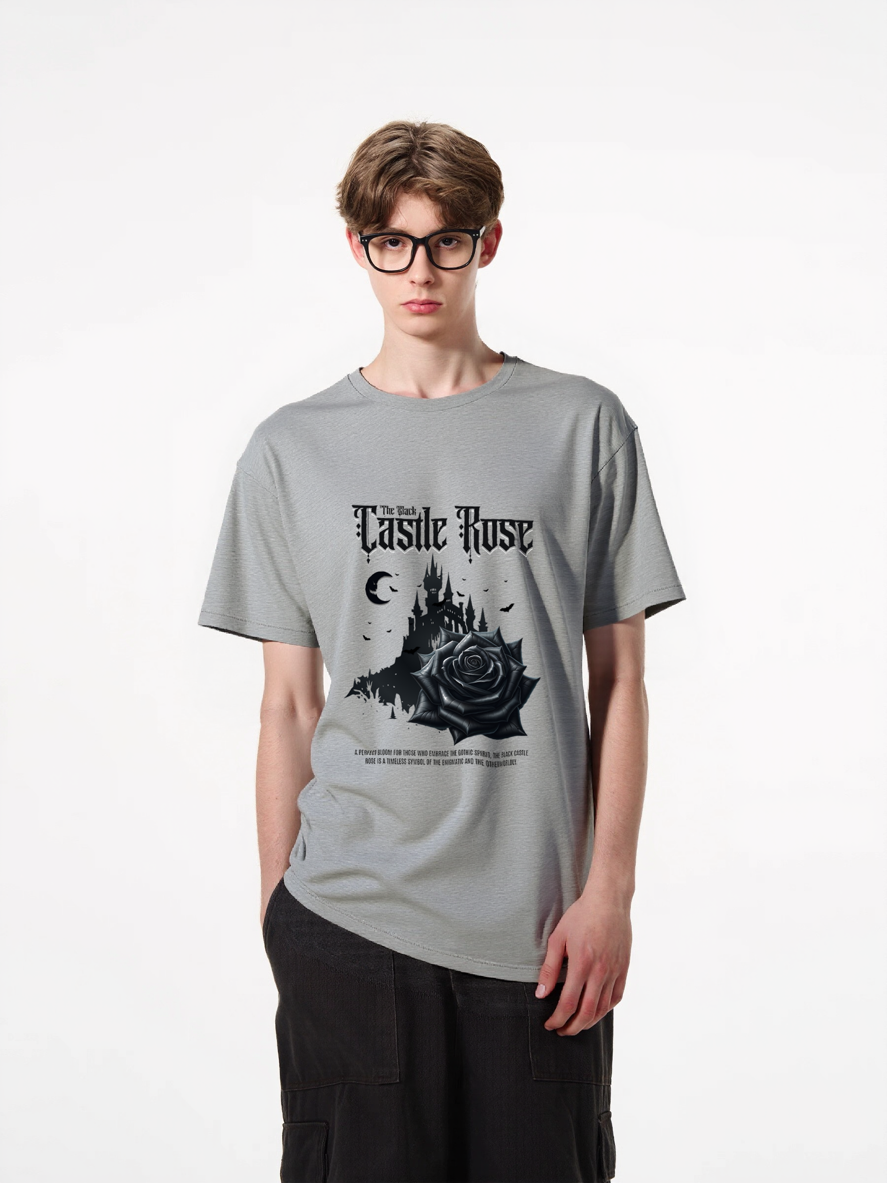1pcs Trendy Black Rose Castle Print T Shirt, 180g Pure Cotton Various Colors, Gothic Nightmare Graphic Tee, Night Sky Moon and Stars Design Urban Casual Wear for the Trendy Man Heavenly' Casual T-Shirts Perfect for Hot Summer Days